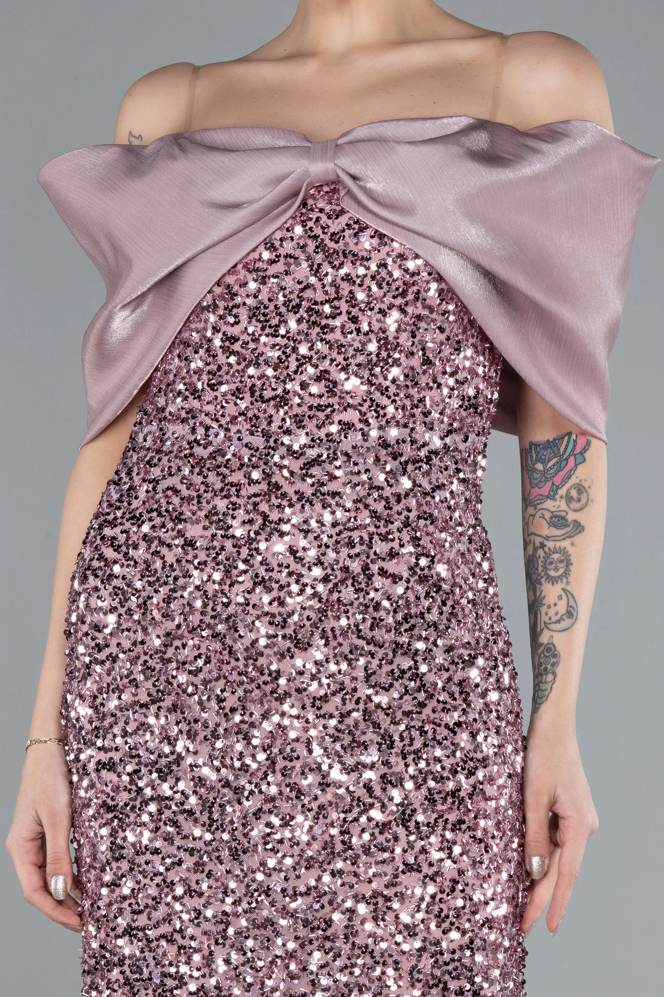 Powder Color-Boat Neck Midi Sequined Cocktail Dress ABK2257