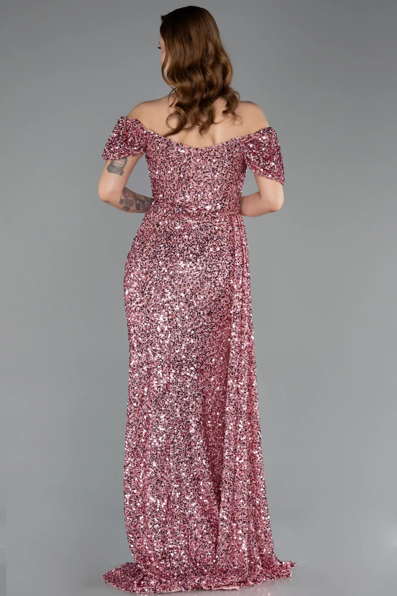 Powder Color-Boat Neck Slit Long Sequin Evening Gown ABU4843