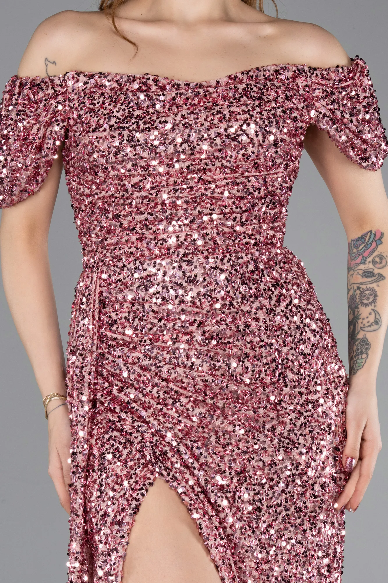 Powder Color-Boat Neck Slit Long Sequin Evening Gown ABU4843