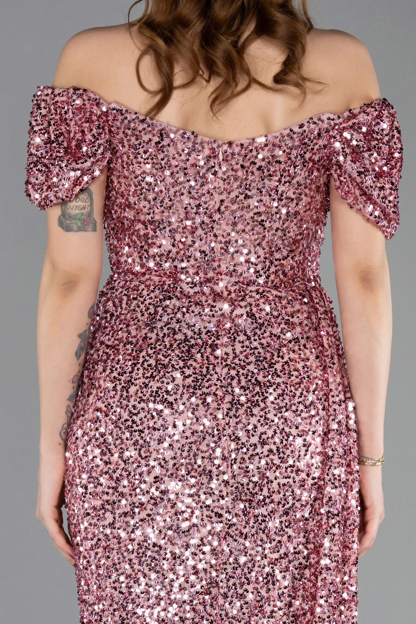 Powder Color-Boat Neck Slit Long Sequin Evening Gown ABU4843