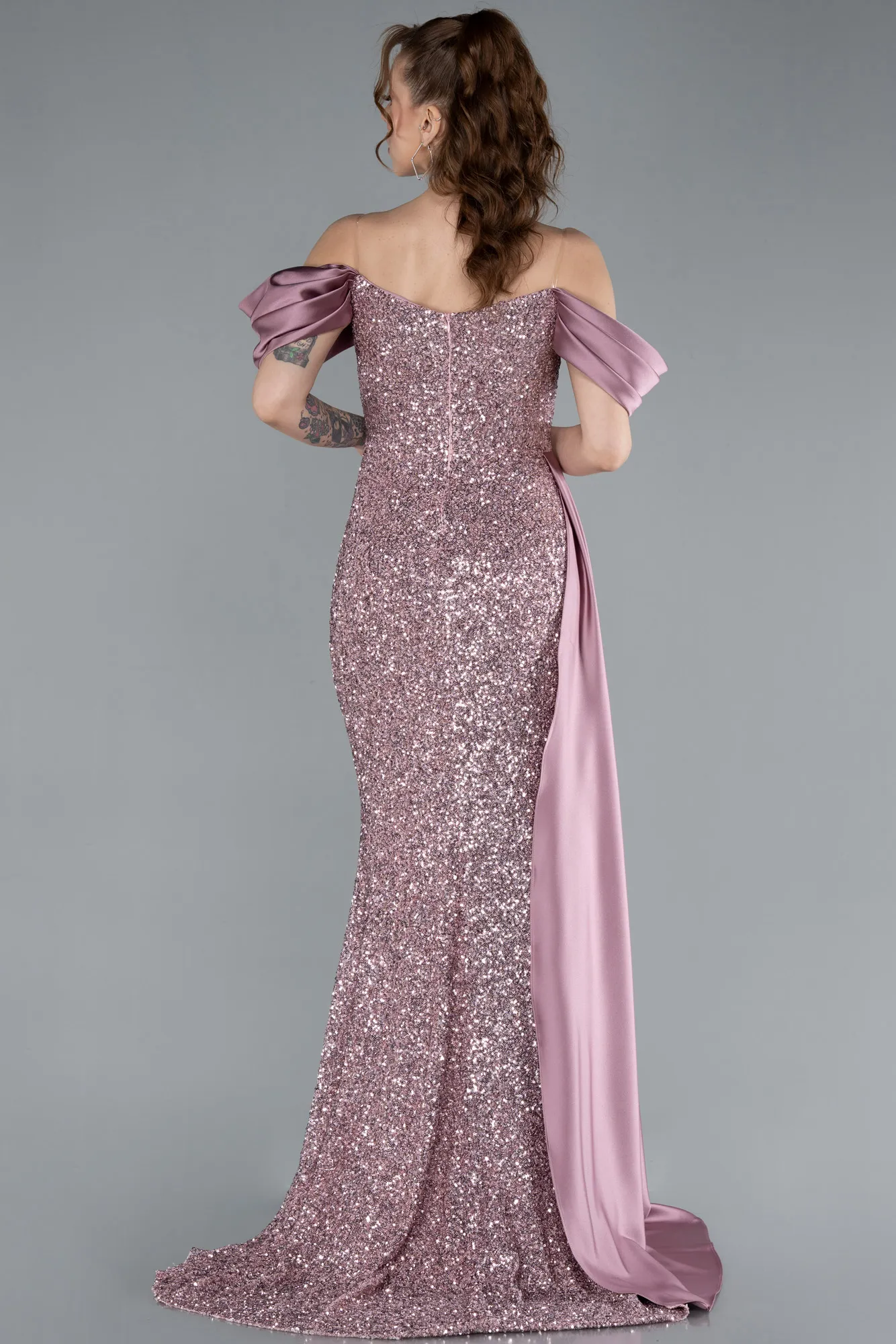Powder Color-Boat Neck Slit Long Sequined Evening Gown ABU4085