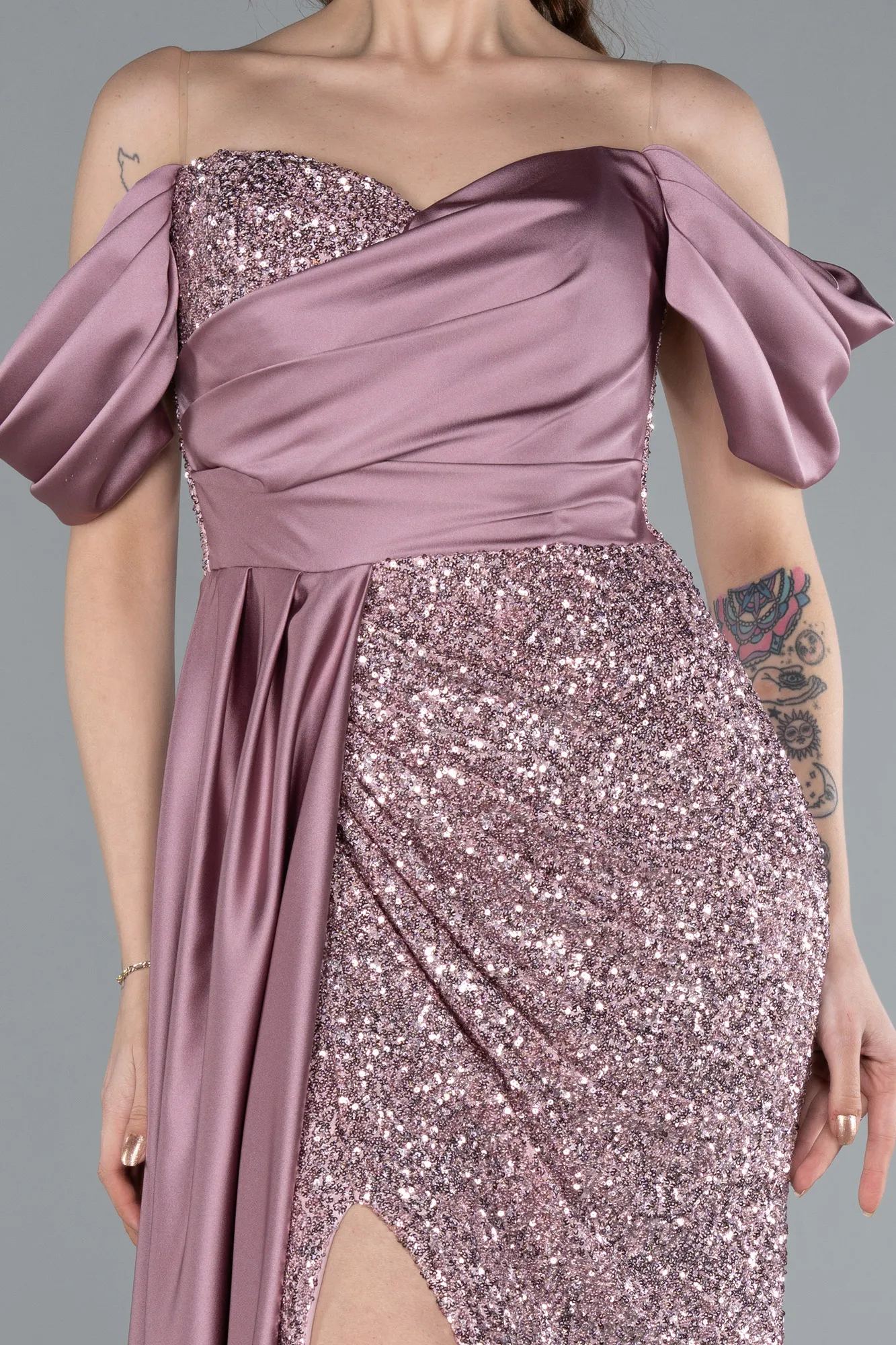 Powder Color-Boat Neck Slit Long Sequined Evening Gown ABU4085