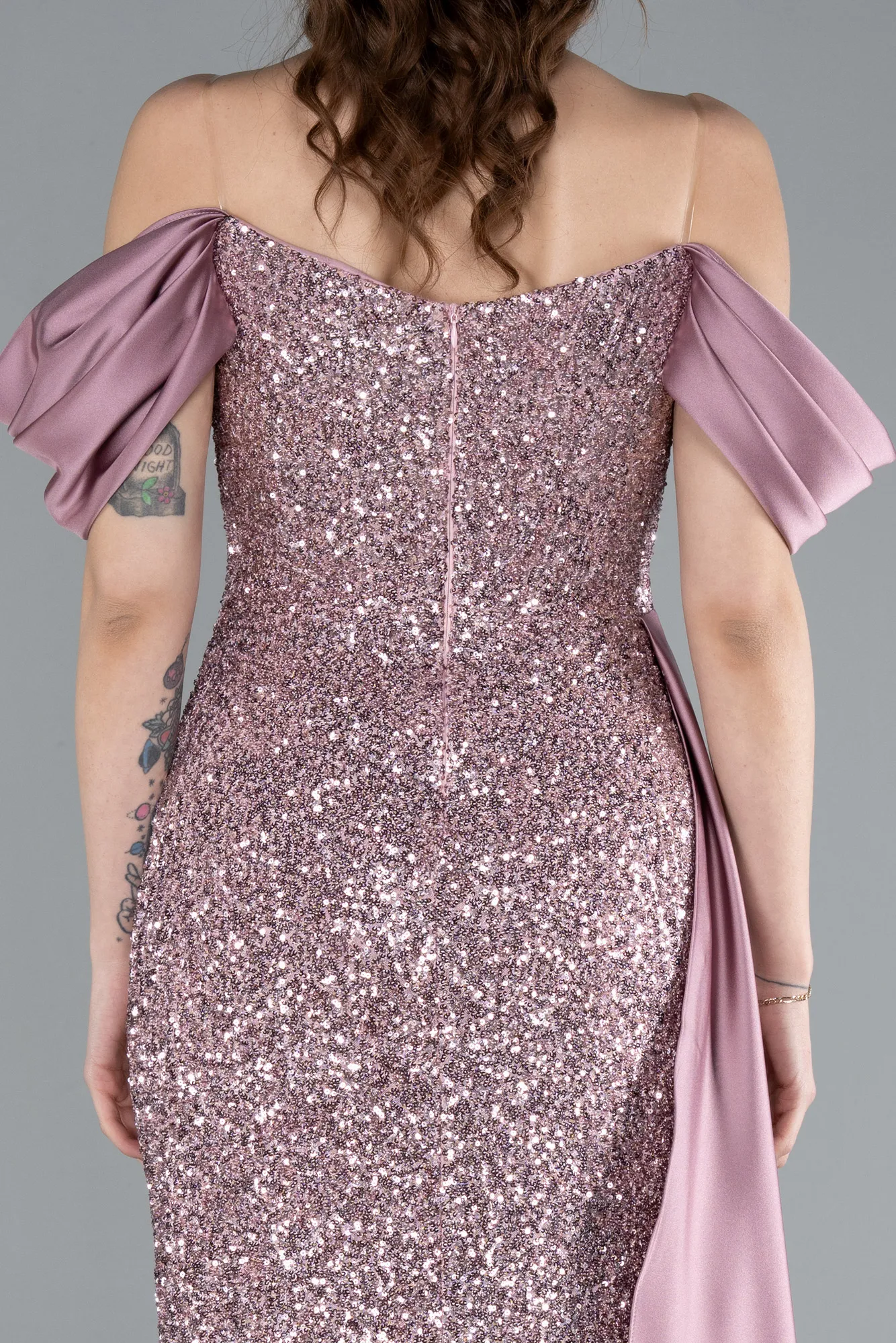 Powder Color-Boat Neck Slit Long Sequined Evening Gown ABU4085