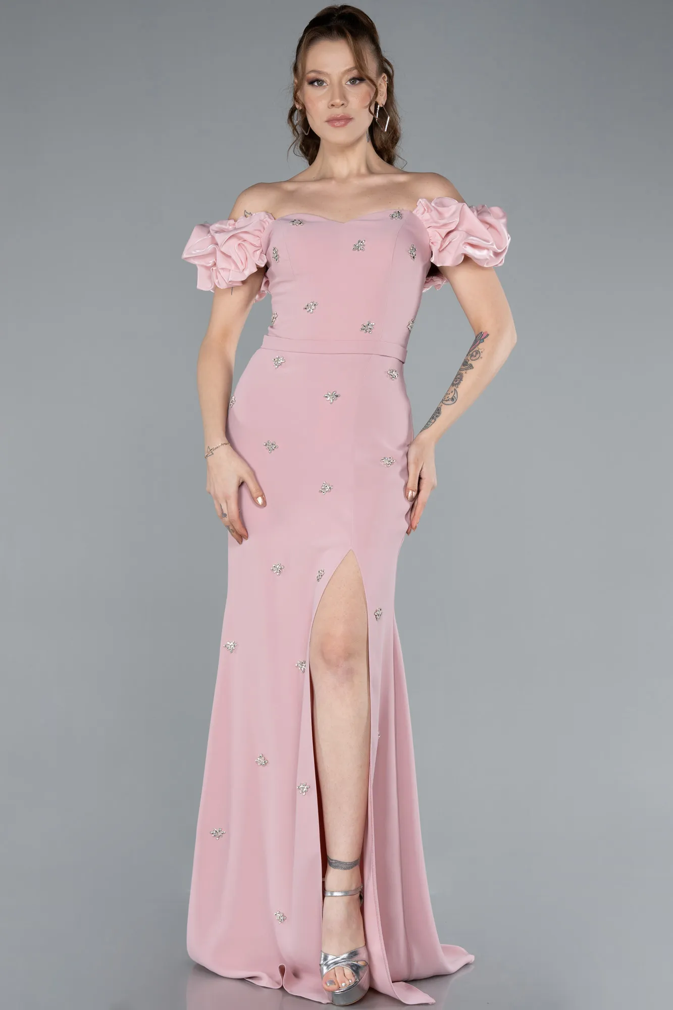 Powder Color-Boat Neck Slit Stone Long Evening Gown ABU4696