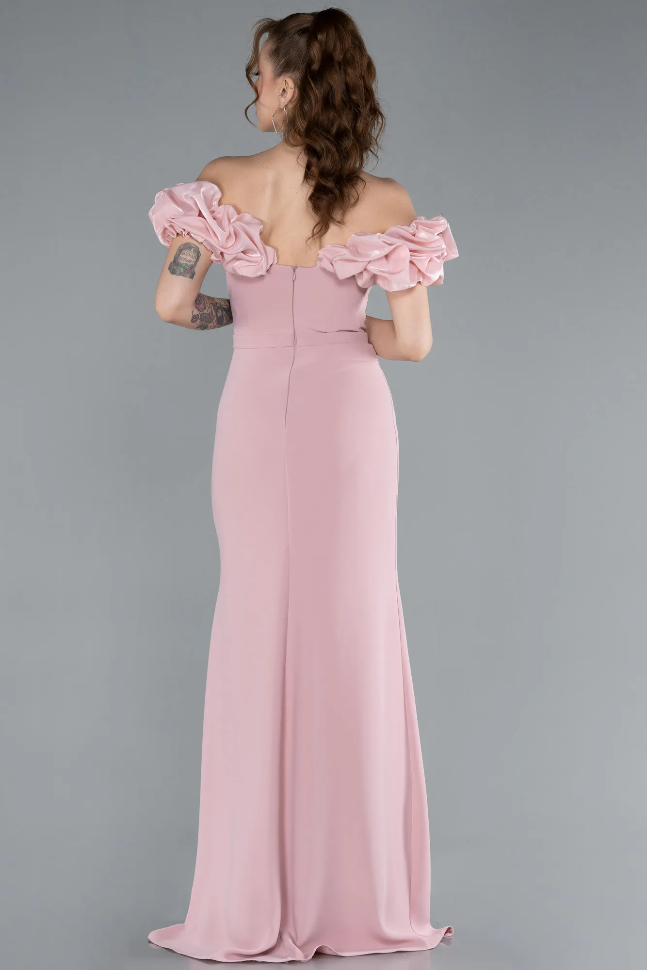 Powder Color-Boat Neck Slit Stone Long Evening Gown ABU4696