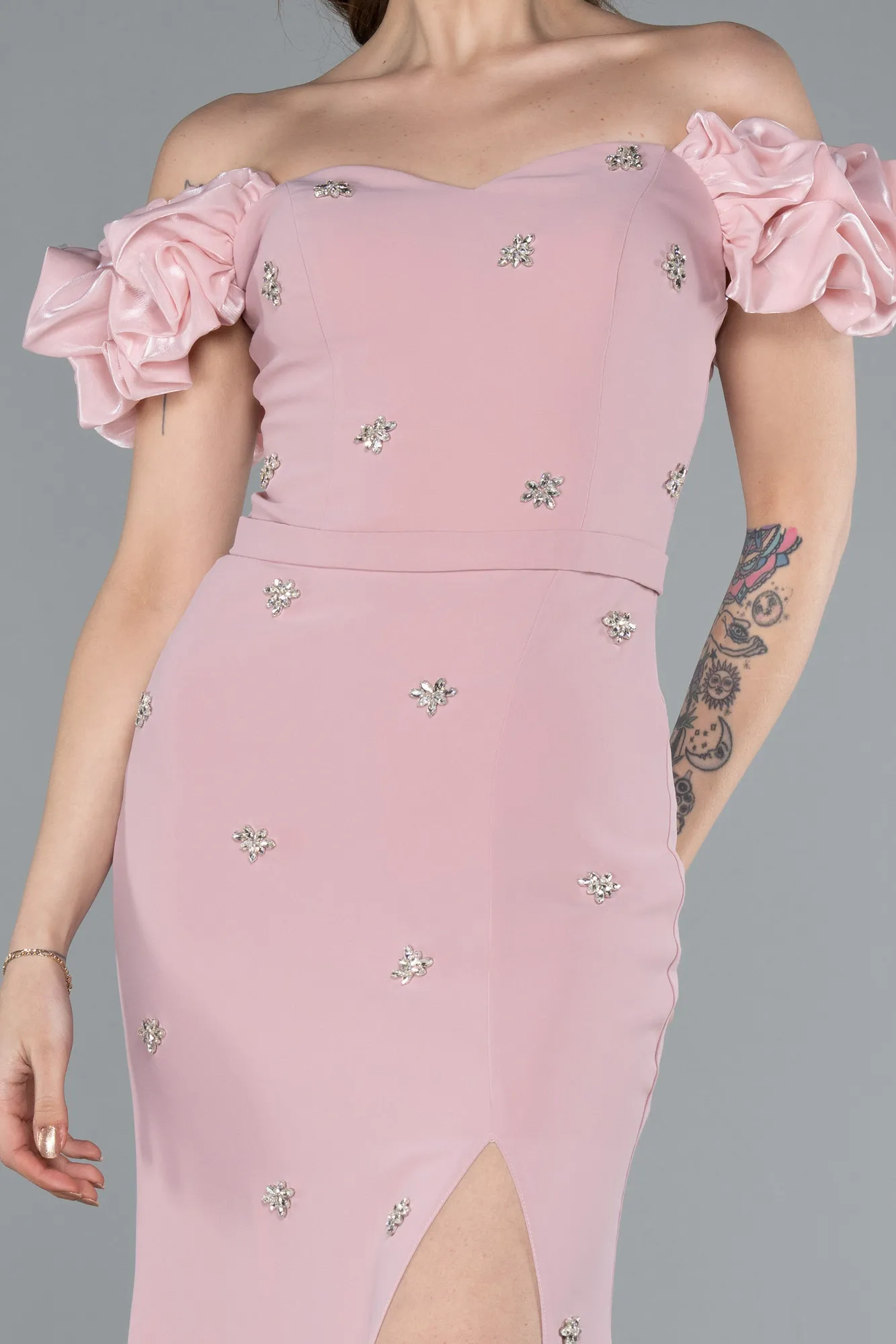 Powder Color-Boat Neck Slit Stone Long Evening Gown ABU4696