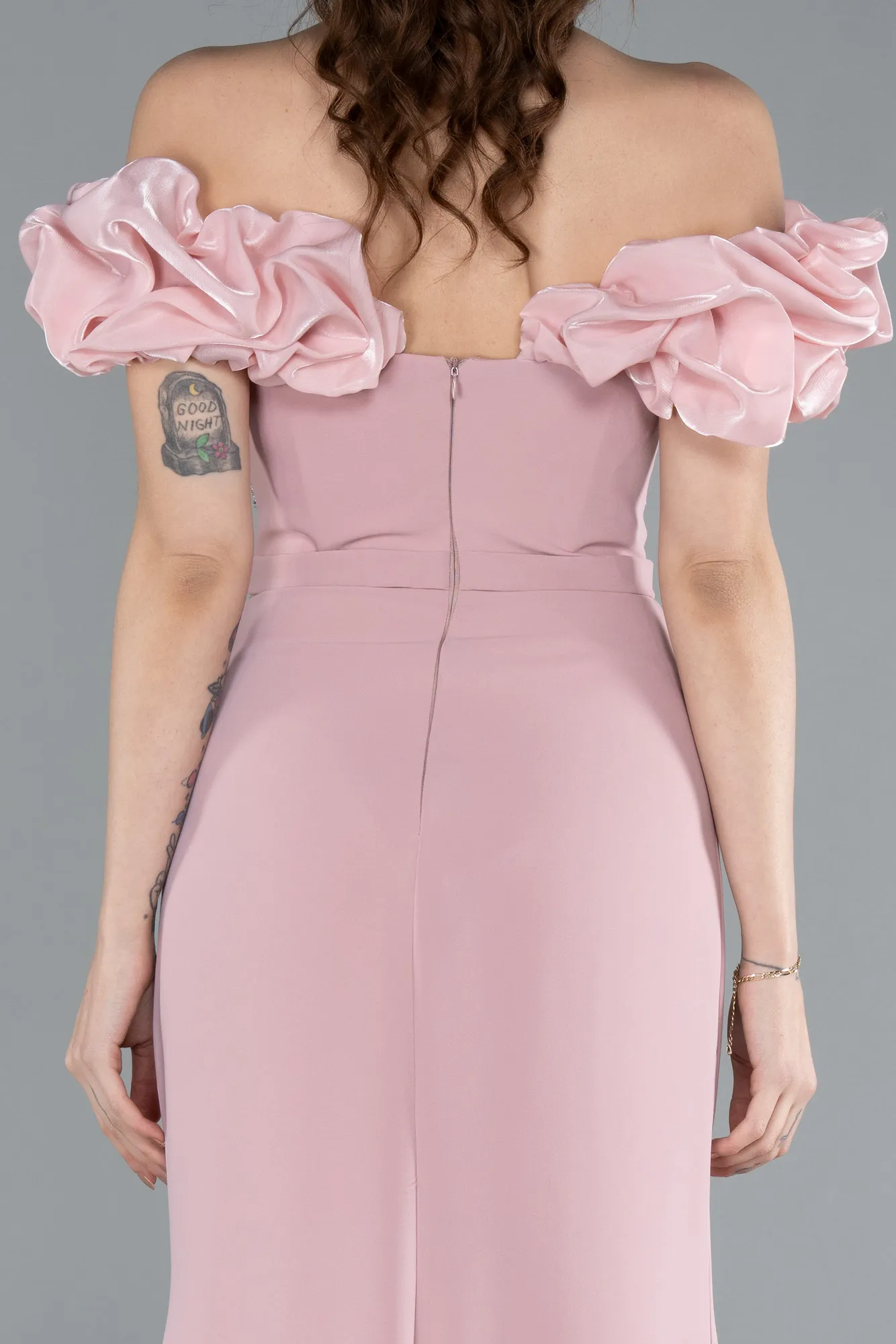 Powder Color-Boat Neck Slit Stone Long Evening Gown ABU4696