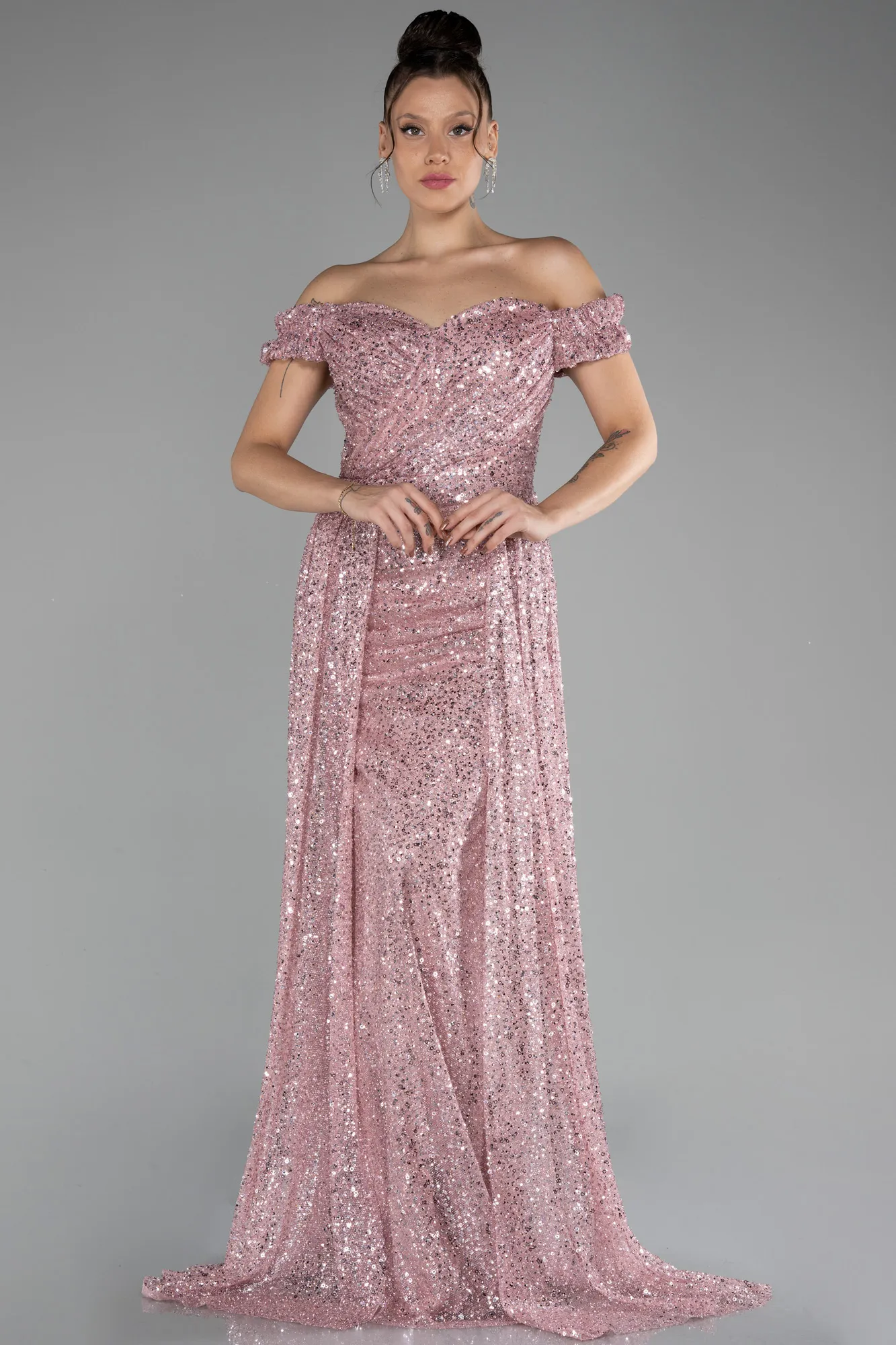 Powder Color-Boat Neck Tail Long Stone Evening Gown ABU4224