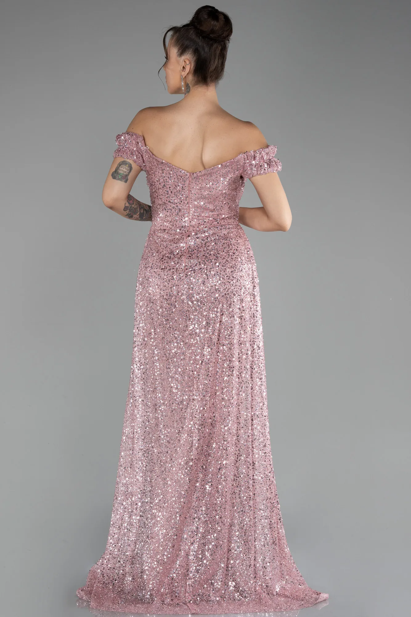 Powder Color-Boat Neck Tail Long Stone Evening Gown ABU4224