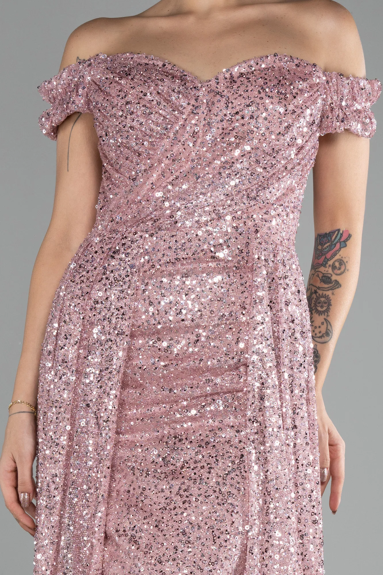 Powder Color-Boat Neck Tail Long Stone Evening Gown ABU4224