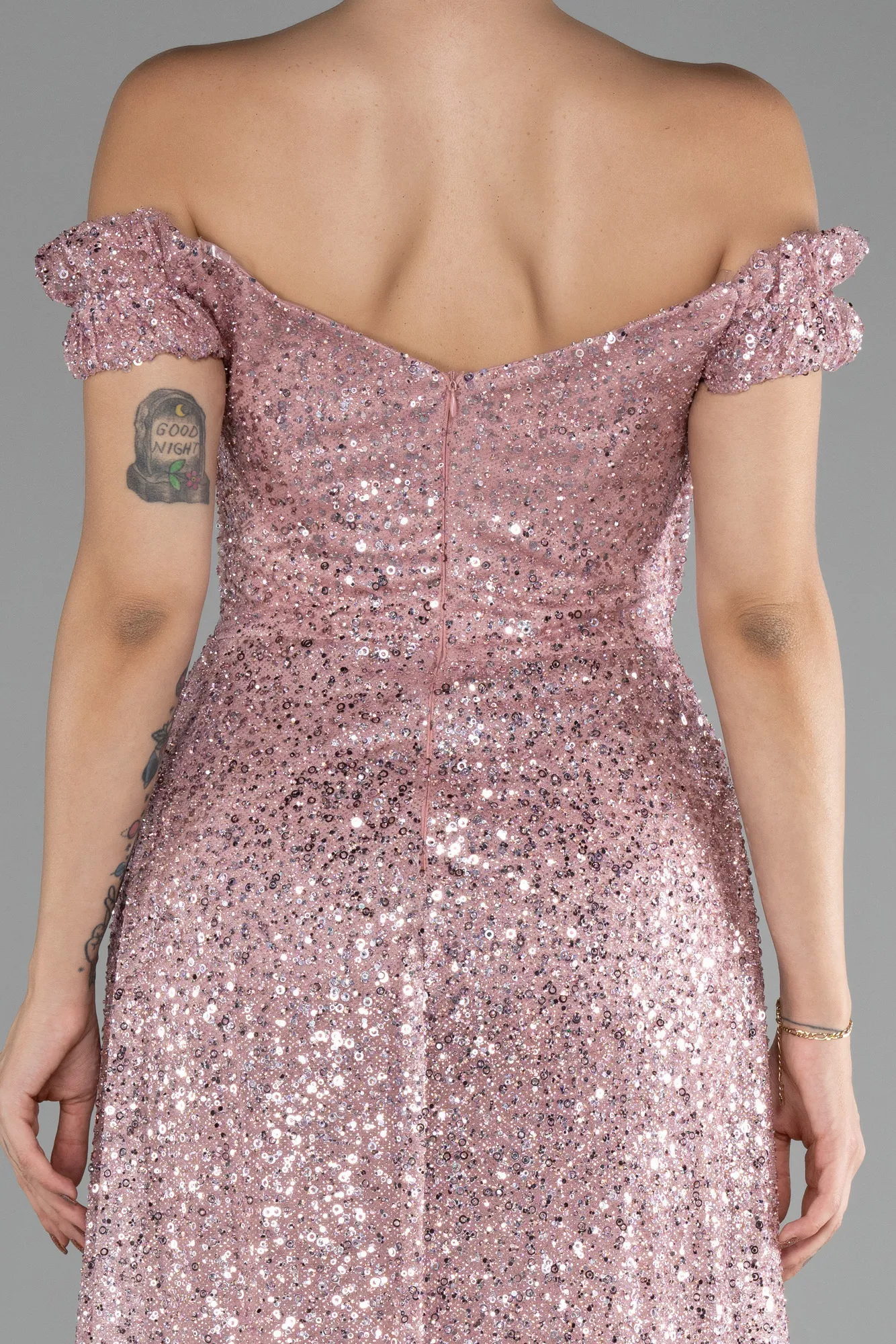 Powder Color-Boat Neck Tail Long Stone Evening Gown ABU4224