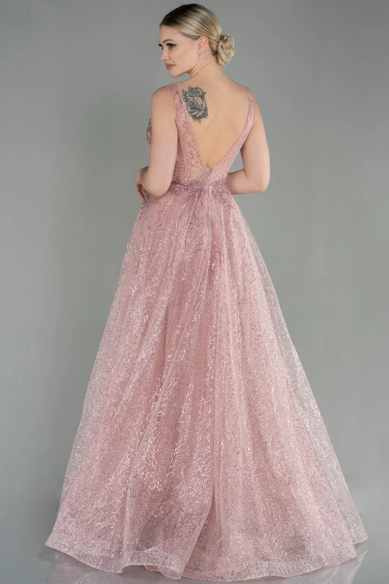 Powder Color-Embroidered Bodice Dusty Rose Tulle Evening Gown ABU2131