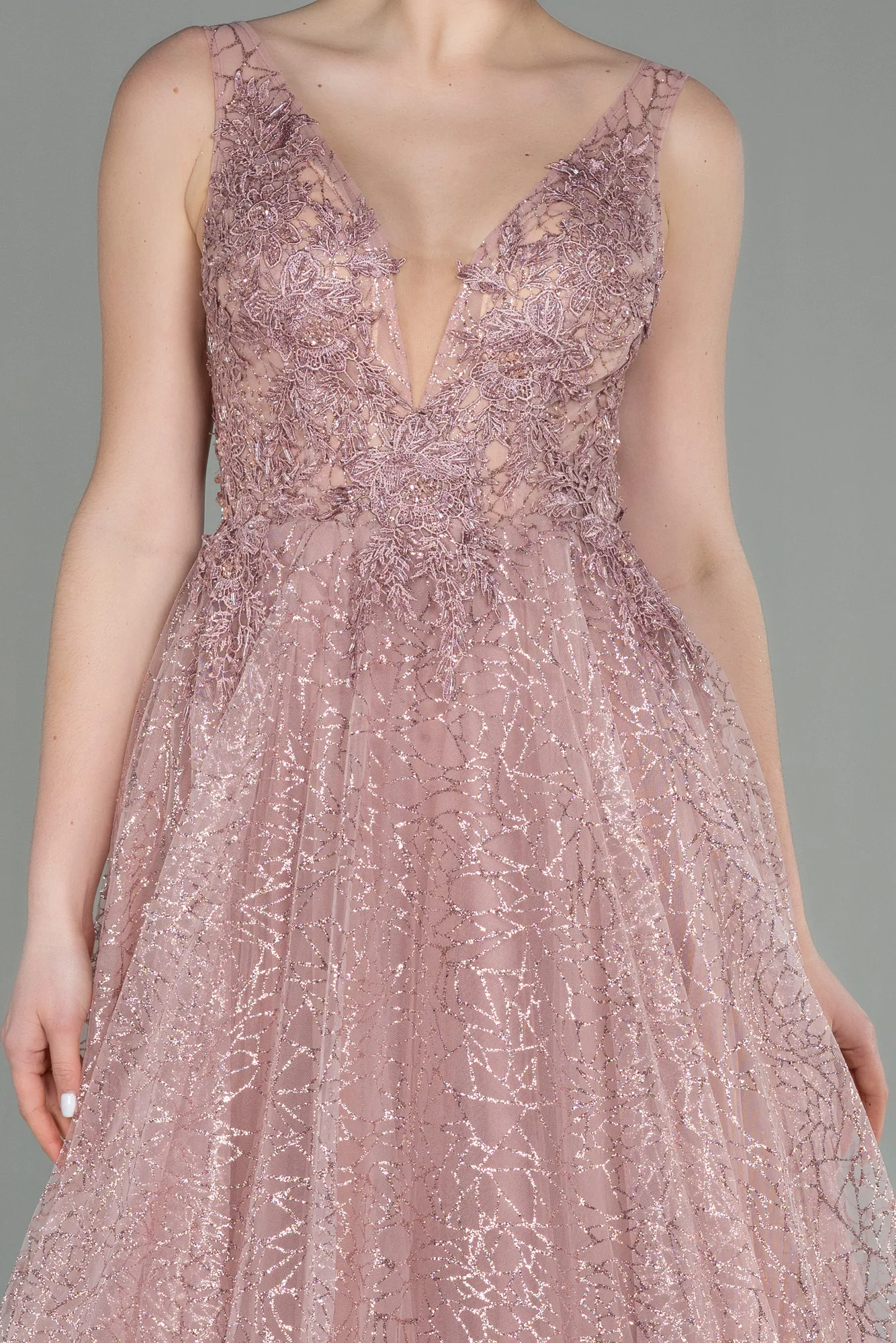 Powder Color-Embroidered Bodice Dusty Rose Tulle Evening Gown ABU2131