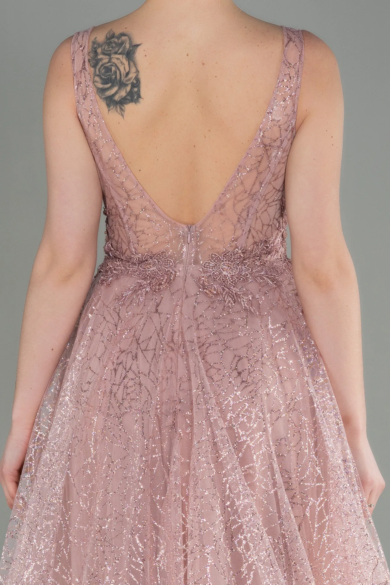 Powder Color-Embroidered Bodice Dusty Rose Tulle Evening Gown ABU2131