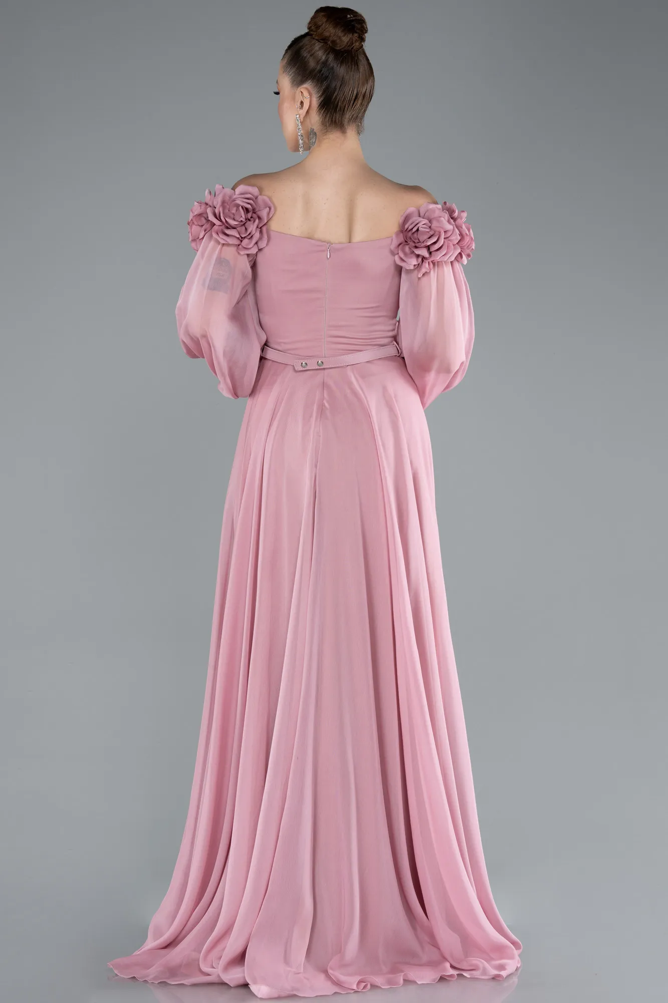 Powder Color-Floral Boat Neck Long Sleeve Chiffon Prom Gown ABU4130