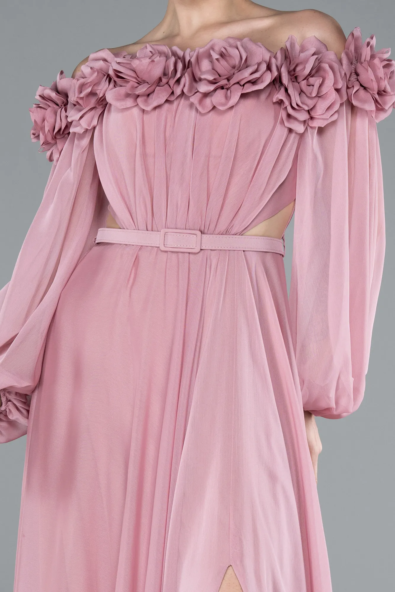 Powder Color-Floral Boat Neck Long Sleeve Chiffon Prom Gown ABU4130