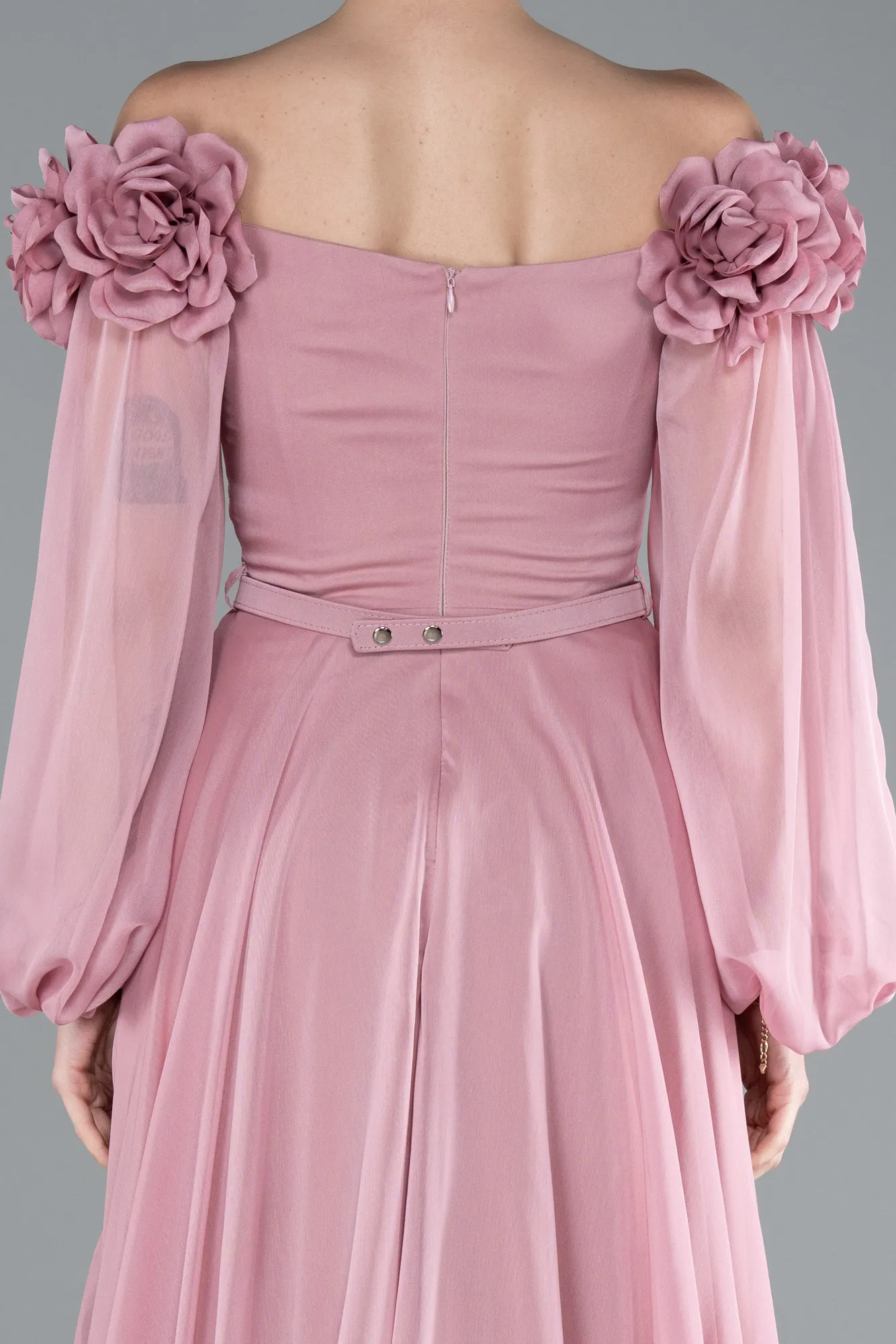 Powder Color-Floral Boat Neck Long Sleeve Chiffon Prom Gown ABU4130