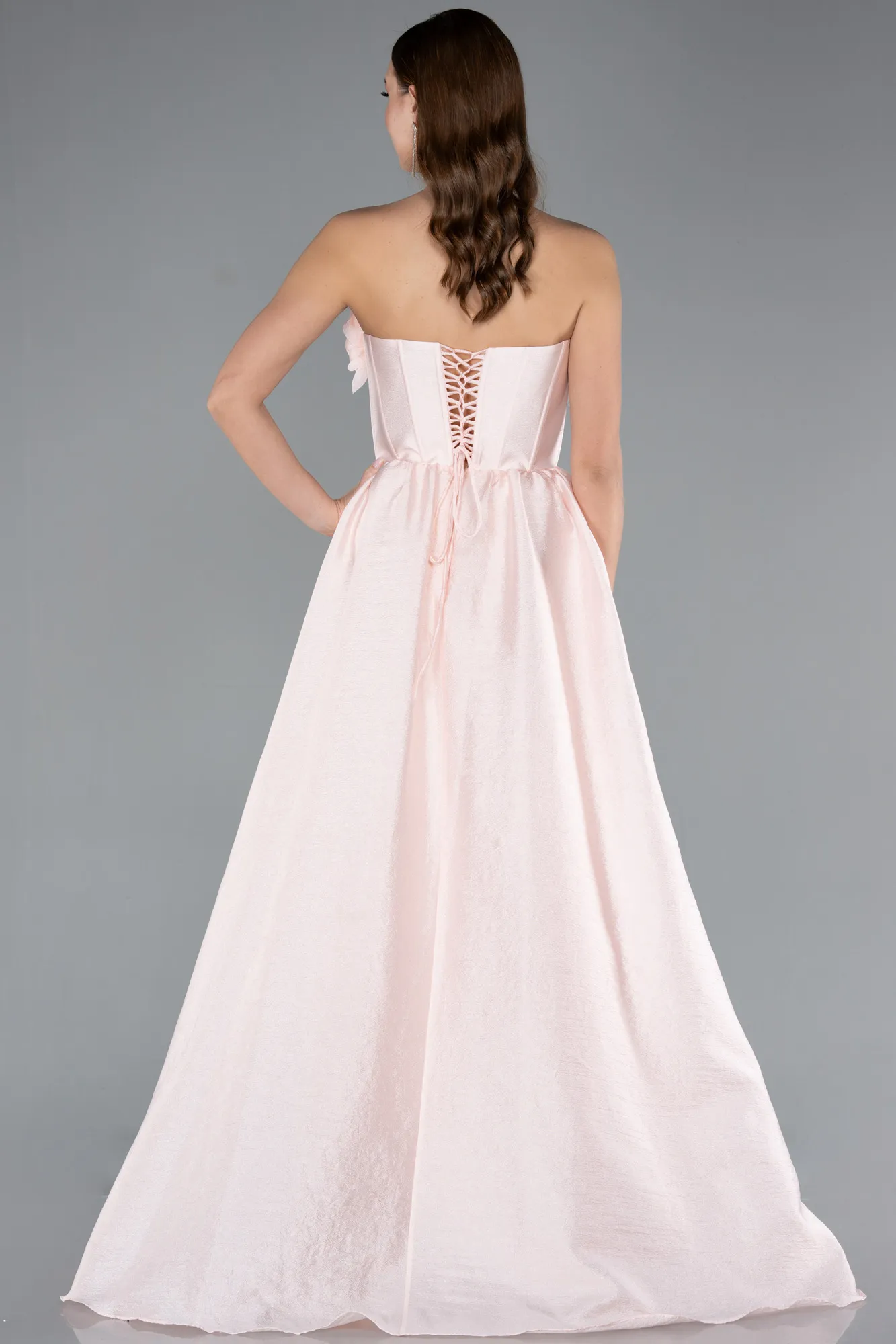 Powder Color-Floral Strapless Collar Slit Long Prom Gown ABU4337