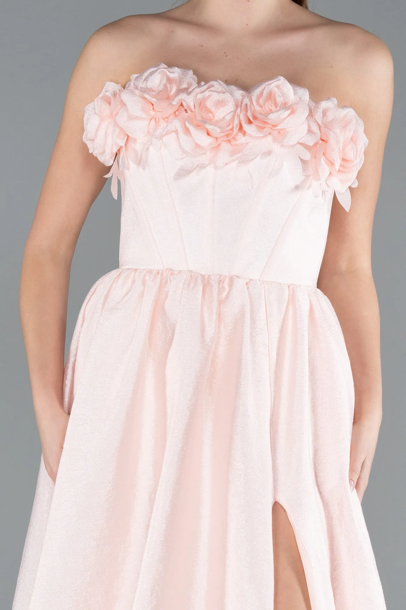 Powder Color-Floral Strapless Collar Slit Long Prom Gown ABU4337