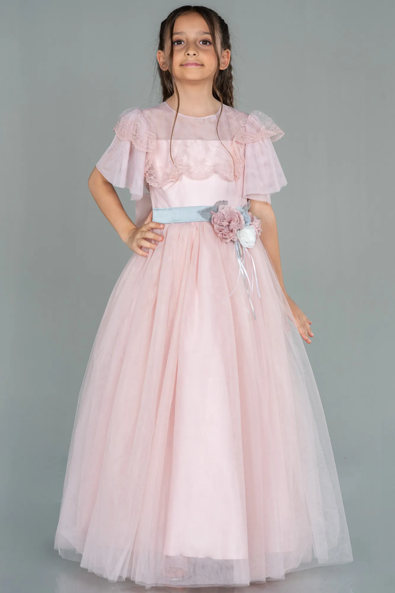 Powder Color-Front Short Back Long Girl Dress ABO103