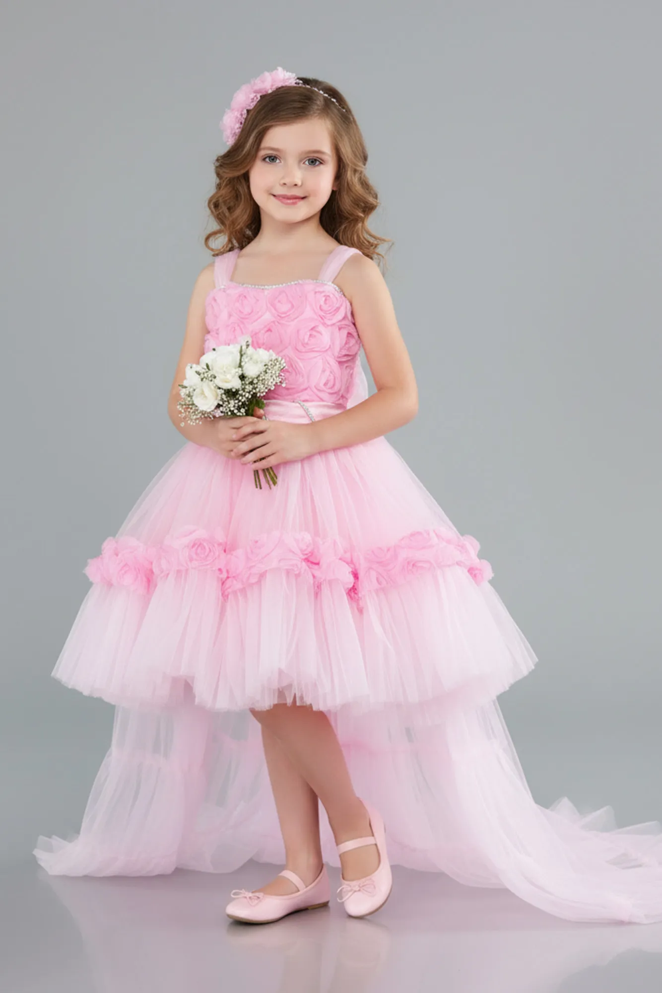 Powder Color-Front Short Back Long Girl Dress ABO115