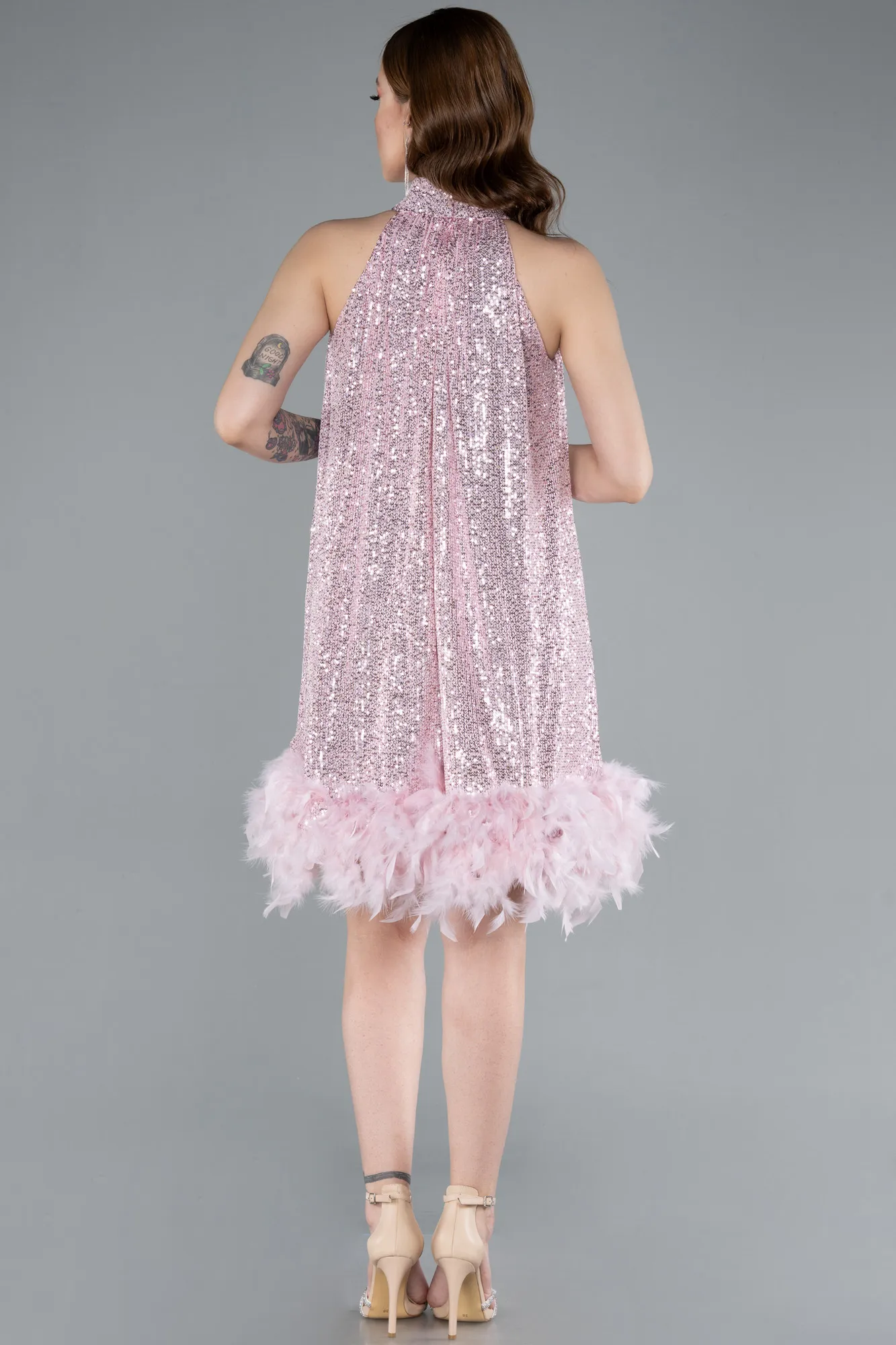 Powder Color-Halter Neck Feathered Skirt Sequined Party Dress ABK2348