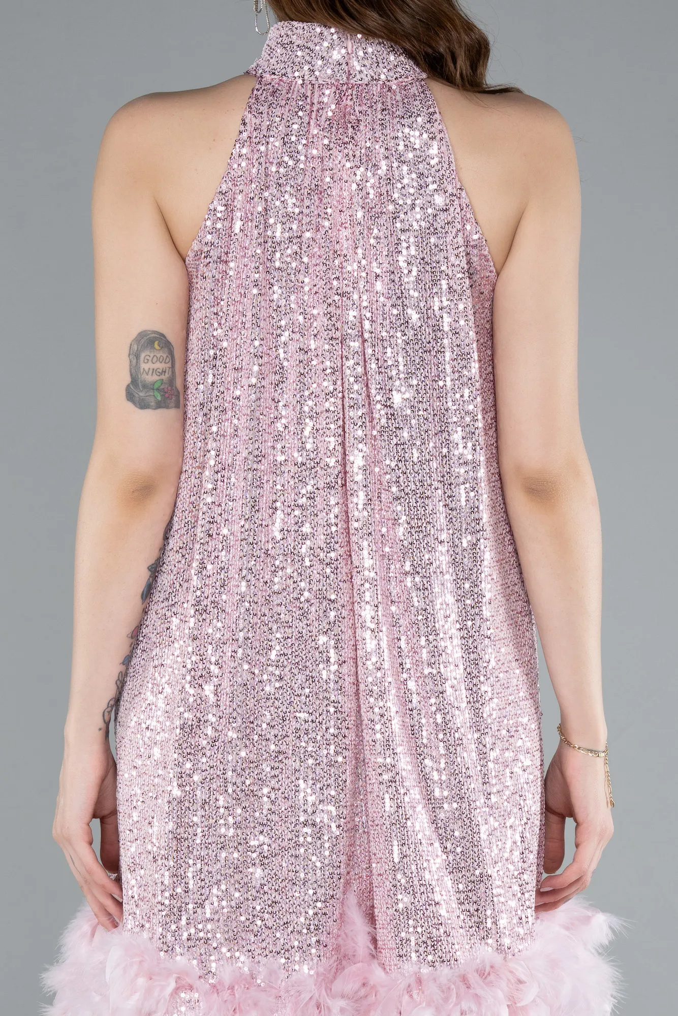 Powder Color-Halter Neck Feathered Skirt Sequined Party Dress ABK2348