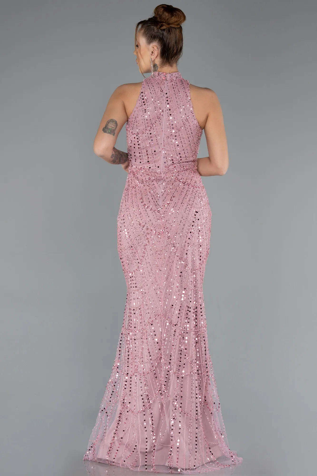 Powder Color-Halter Neck Long Beaded Mermaid Evening Gown ABU4791