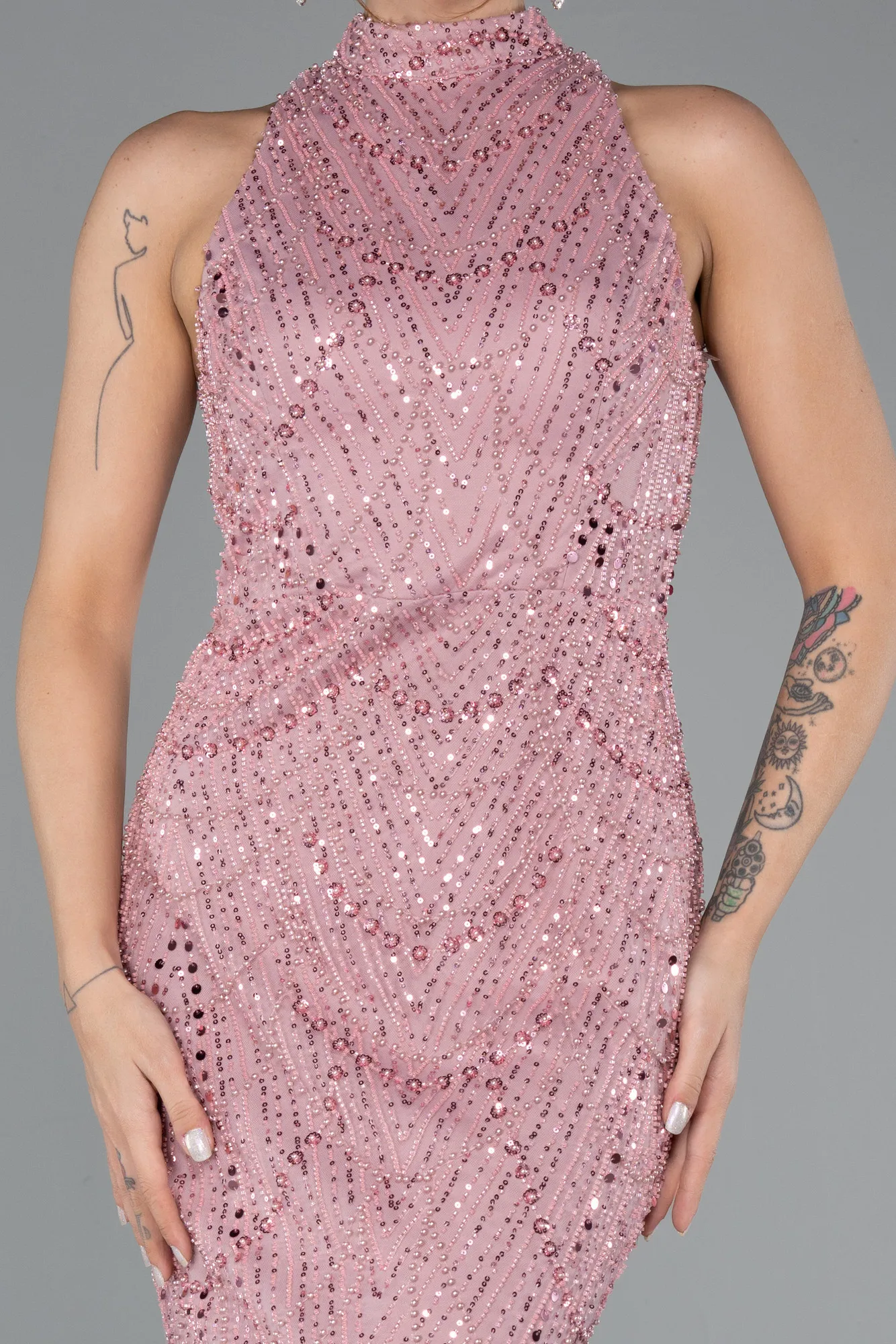 Powder Color-Halter Neck Long Beaded Mermaid Evening Gown ABU4791