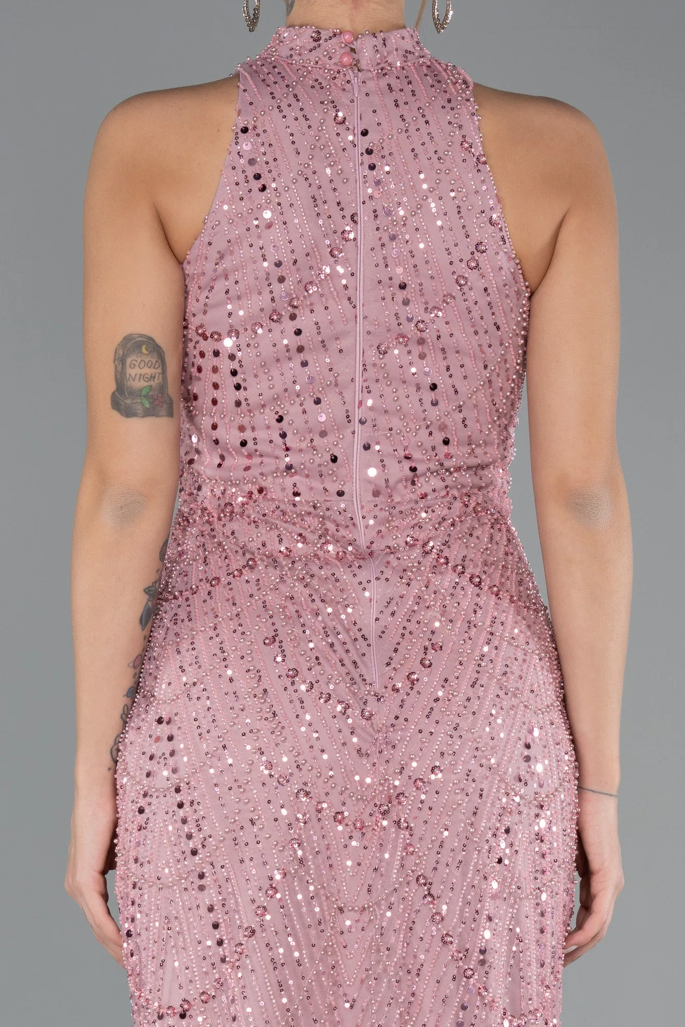 Powder Color-Halter Neck Long Beaded Mermaid Evening Gown ABU4791