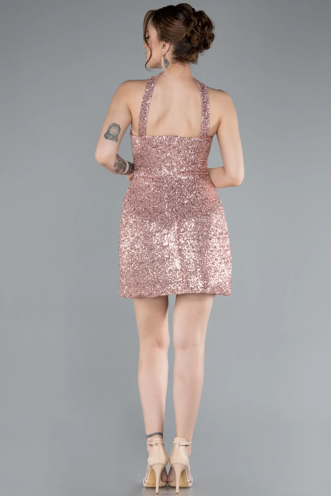 Powder Color-Halter Neck Mini Sequin Party Dress ABK2201