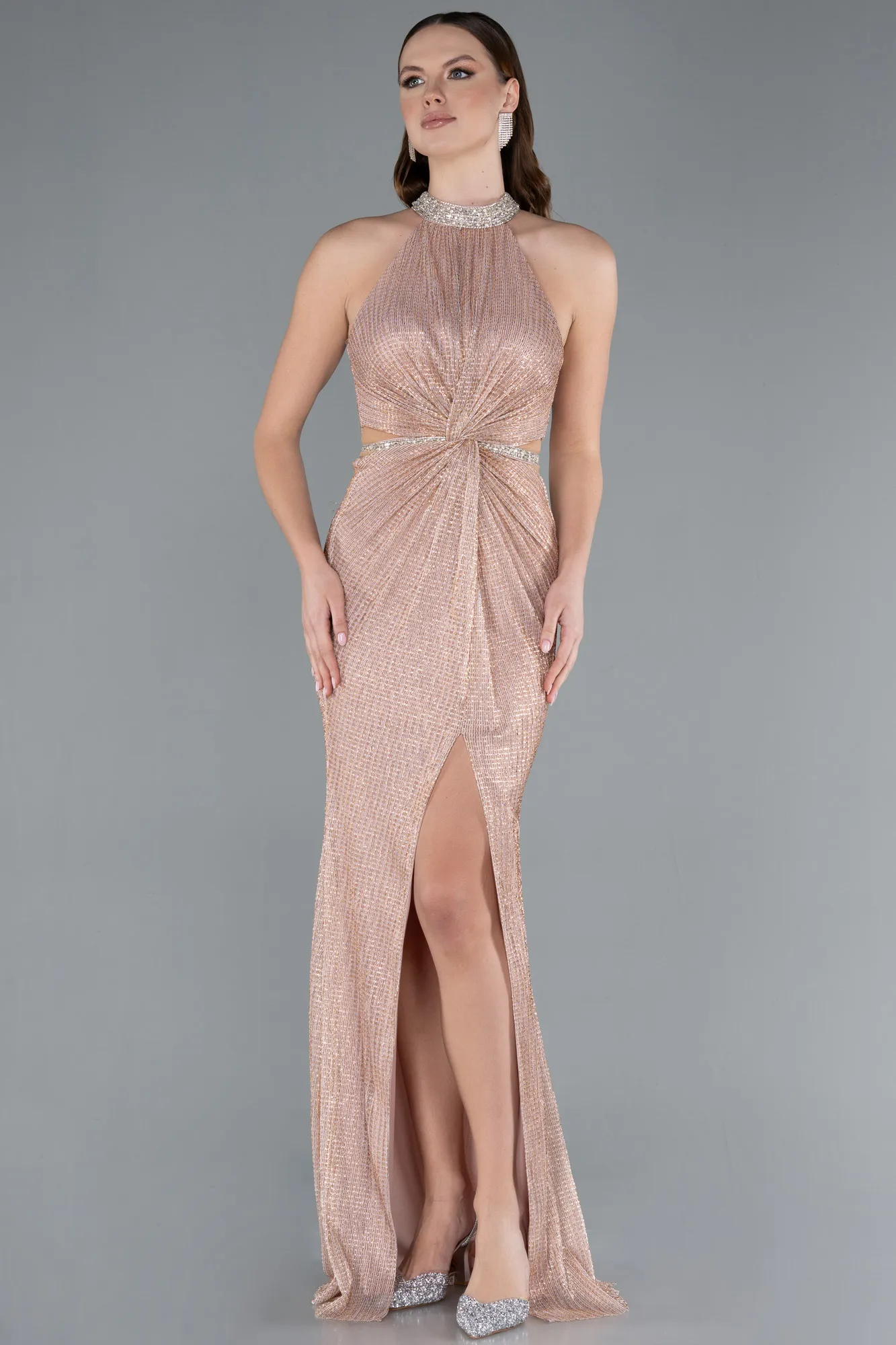 Powder Color-Halter Neck Slit Long Glitter Mermaid Evening Gown ABU4766