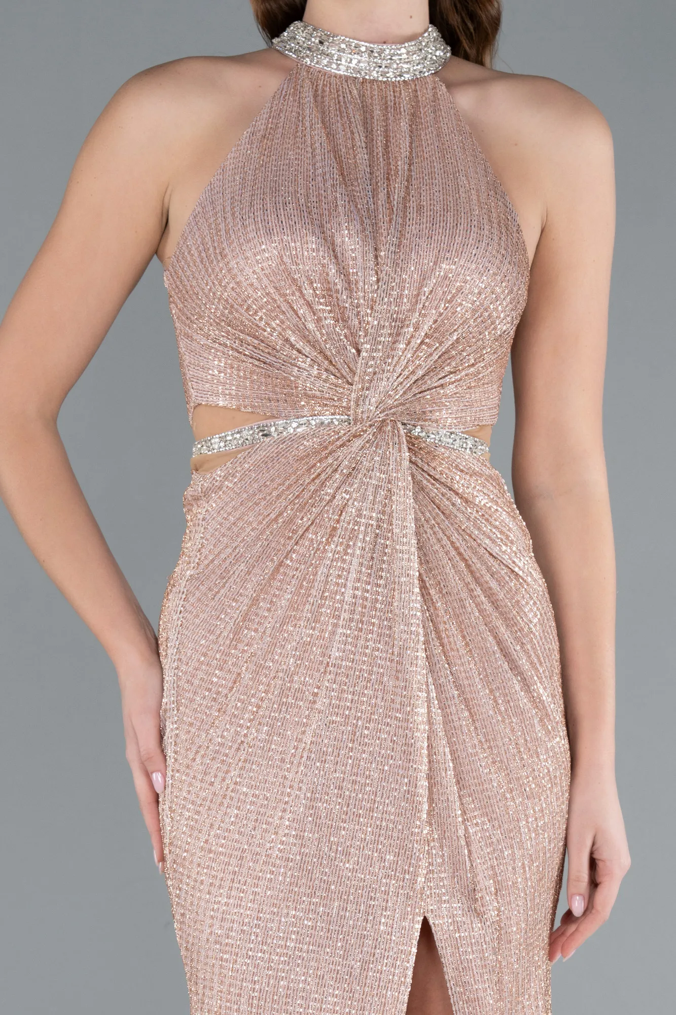 Powder Color-Halter Neck Slit Long Glitter Mermaid Evening Gown ABU4766