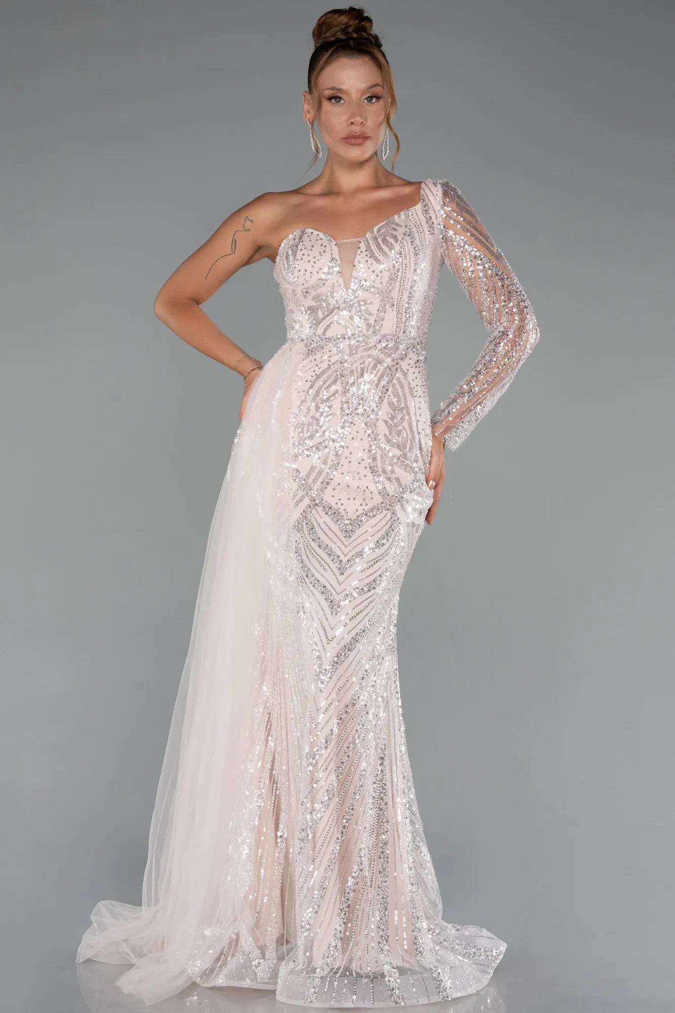 Powder Color-Long Beaded Plus Size Engagement Dress ABU5273