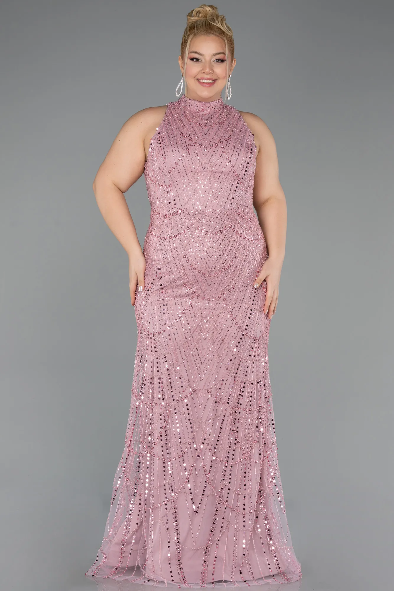 Powder Color-Long Beaded Plus Size Evening Dress ABU5063
