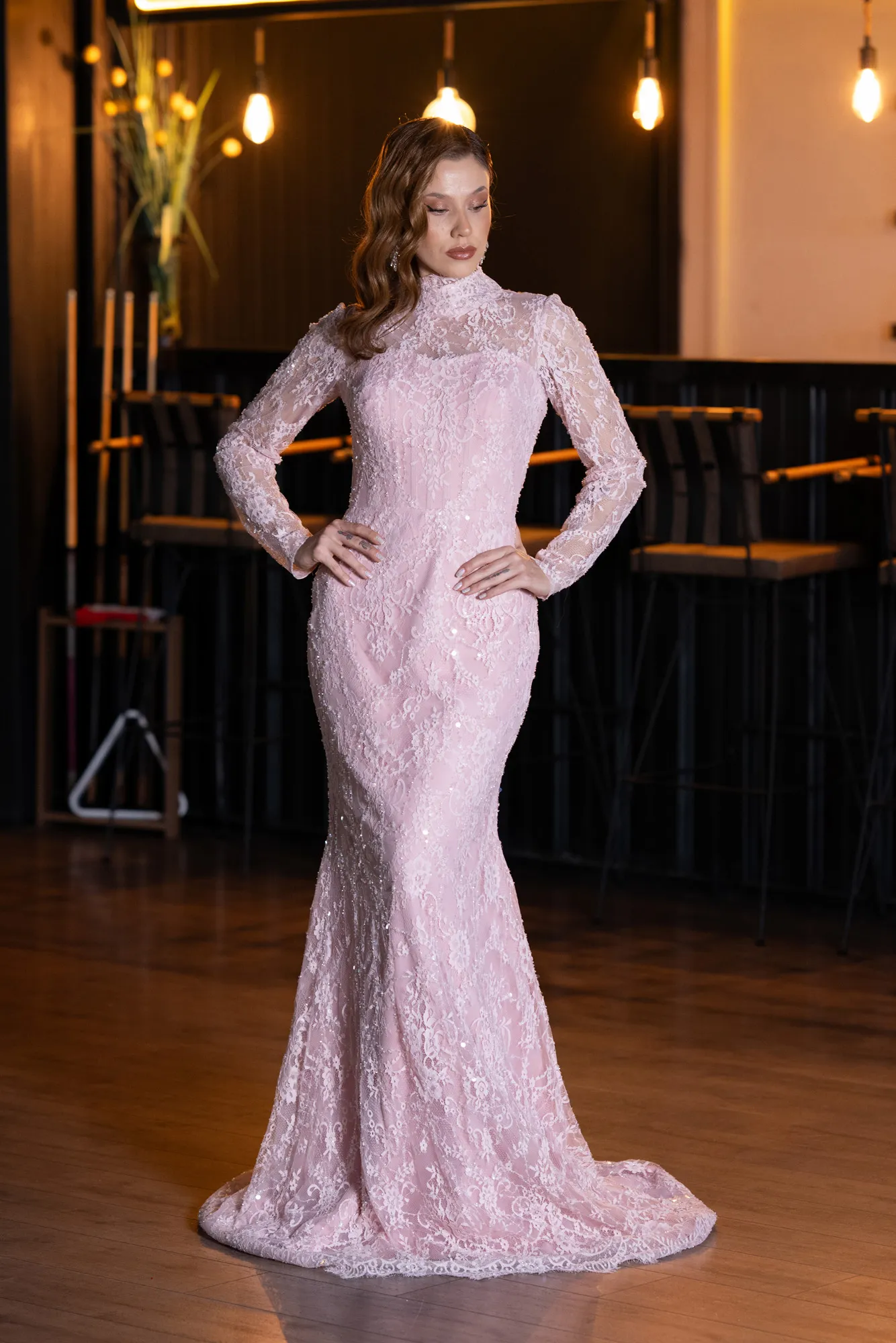 Powder Color-Long Dantelle Haute Couture Dress ABU5462