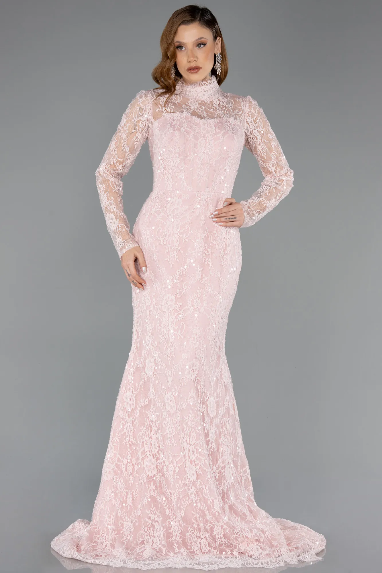 Powder Color-Long Dantelle Haute Couture Dress ABU5462