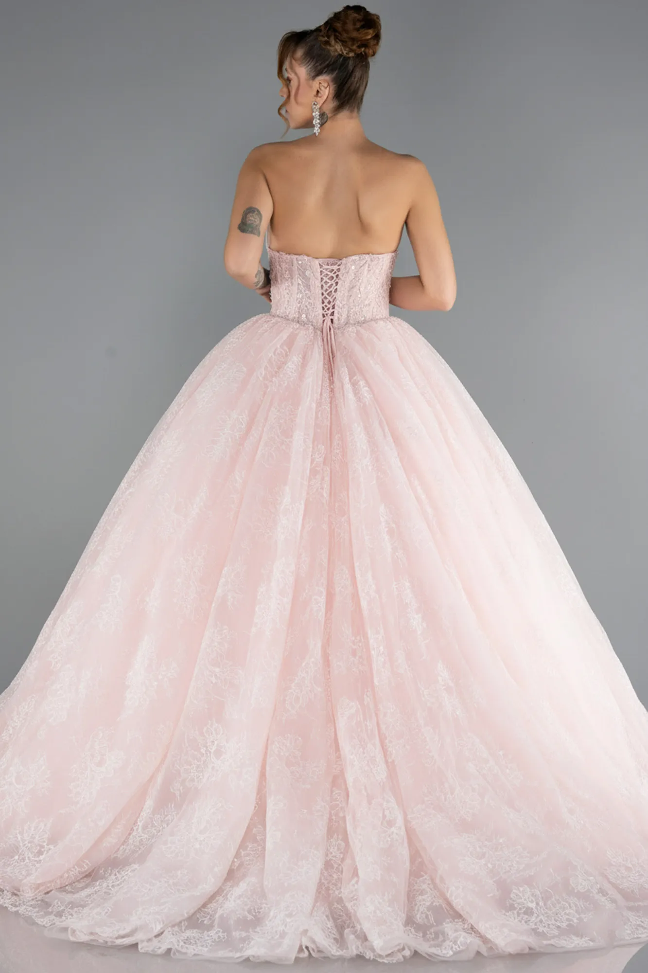 Powder Color-Long Dantelle Special Design Engagement Dress ABU5375