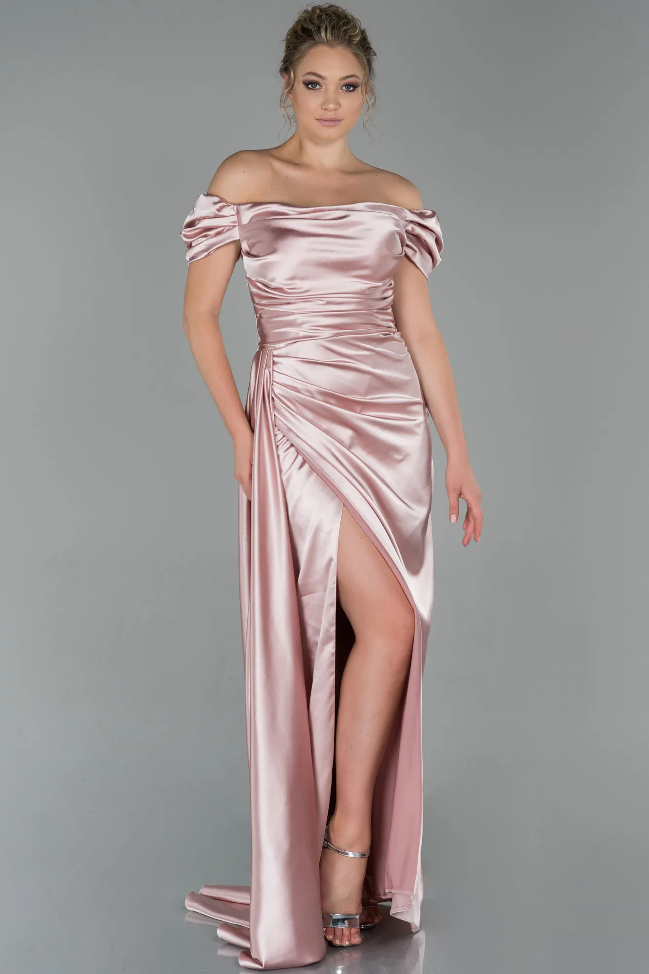 Powder Color-Long Satin Engagement Dress ABU1606