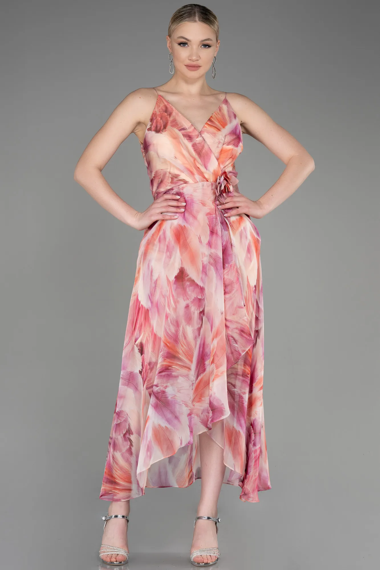 Powder Color-Midi Chiffon Cocktail Dress ABK2010