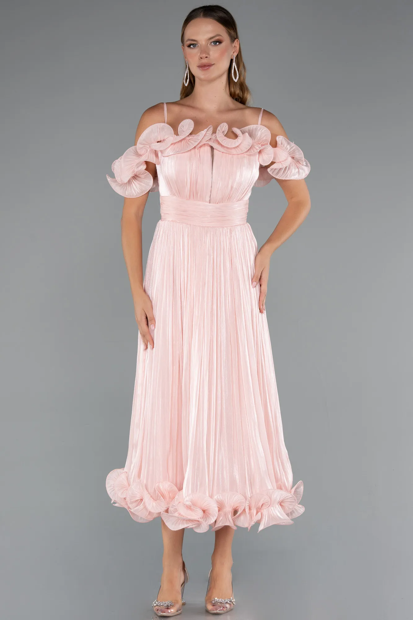 Powder Color-Midi Chiffon Cocktail Dress ABK2425