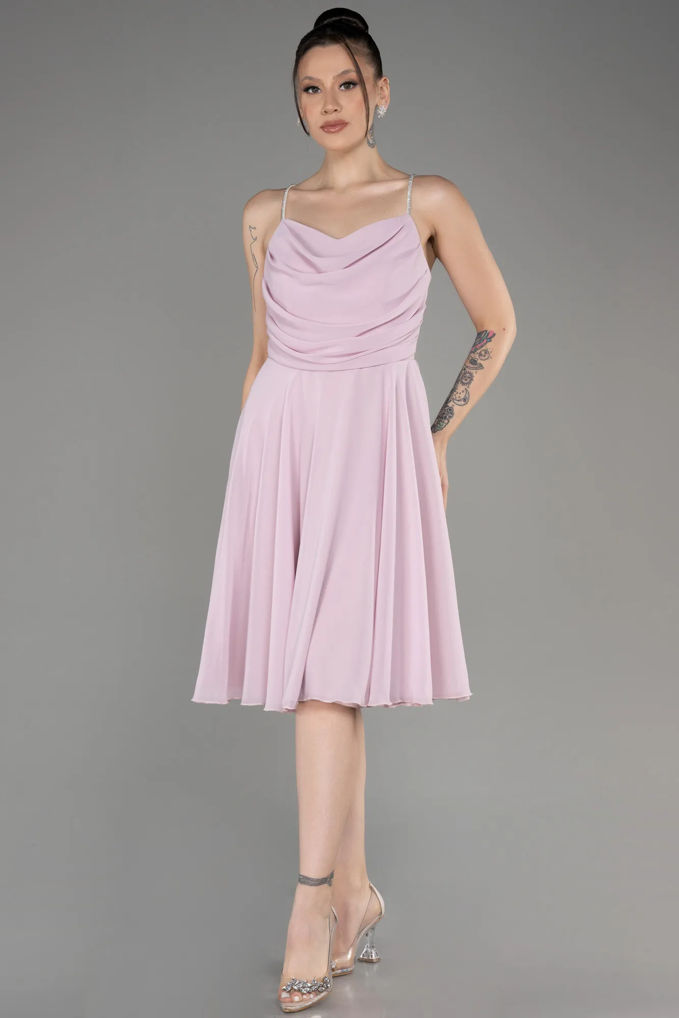 Powder Color-Midi Chiffon Evening Dress ABK1986