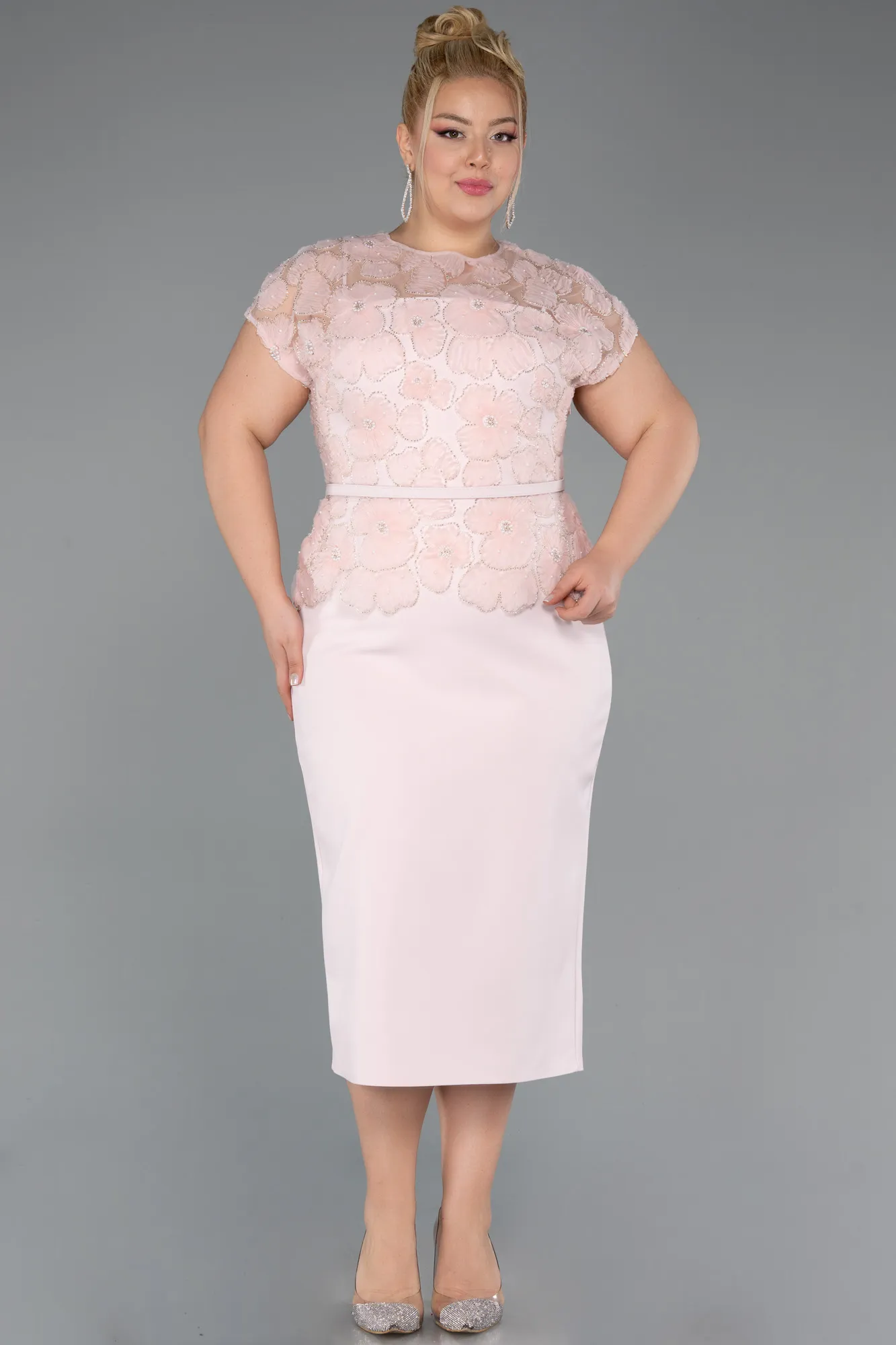 Powder Color-Midi Dantelle Plus Size White Prom Dress ABK2448