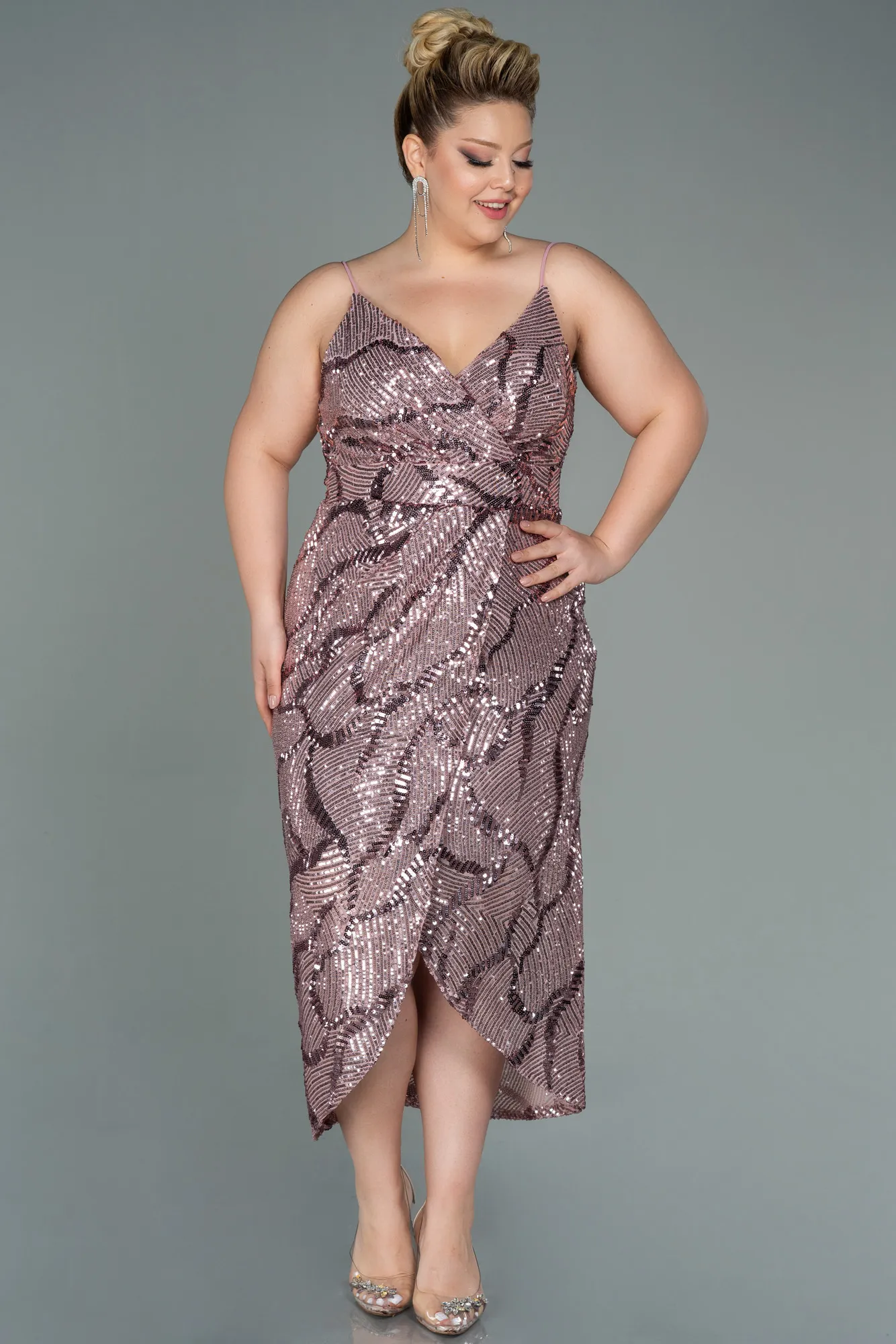 Powder Color-Midi Plus Size Evening Dress ABK1349