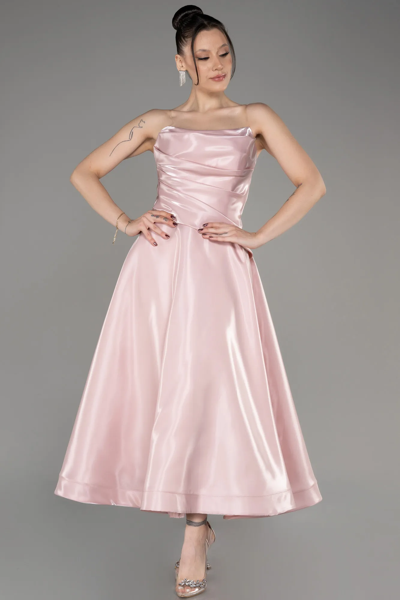 Powder Color-Midi Satin Cocktail Dress ABK2018