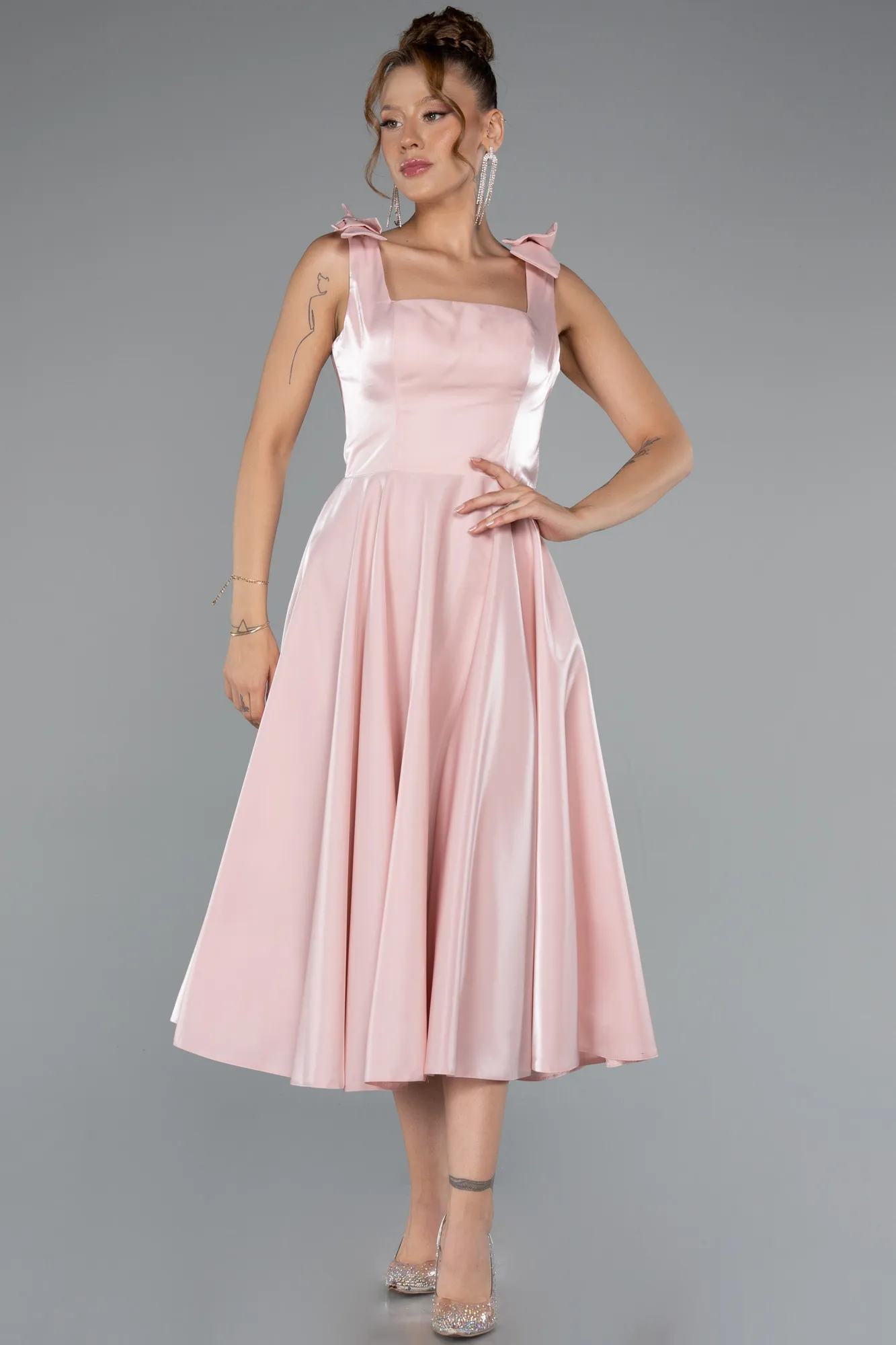 Powder Color-Midi Satin Cocktail Dress ABK2388
