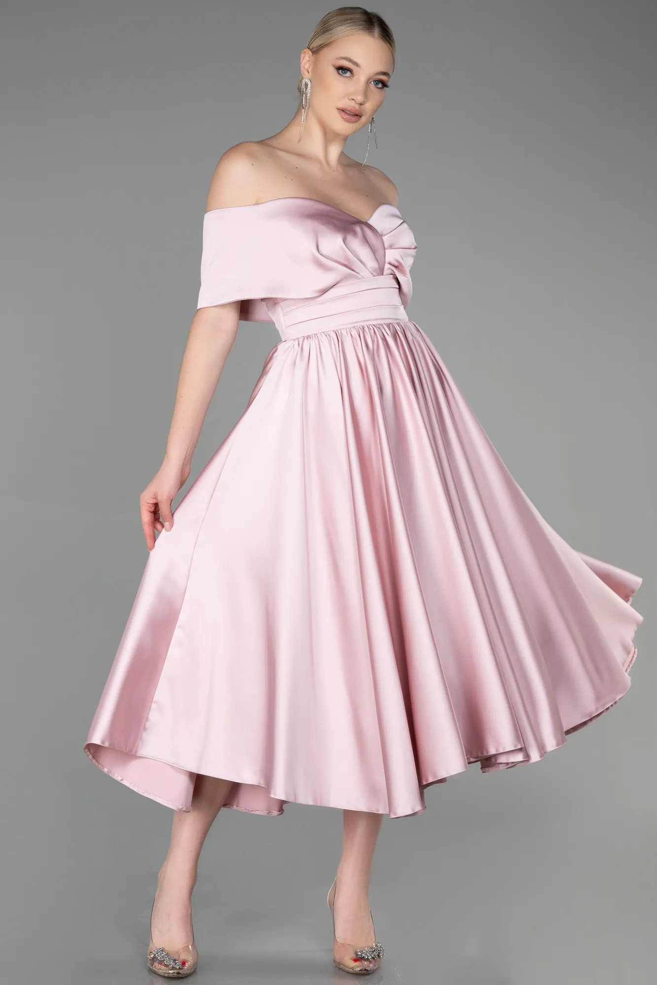 Powder Color-Midi Satin Night Dress ABK1846