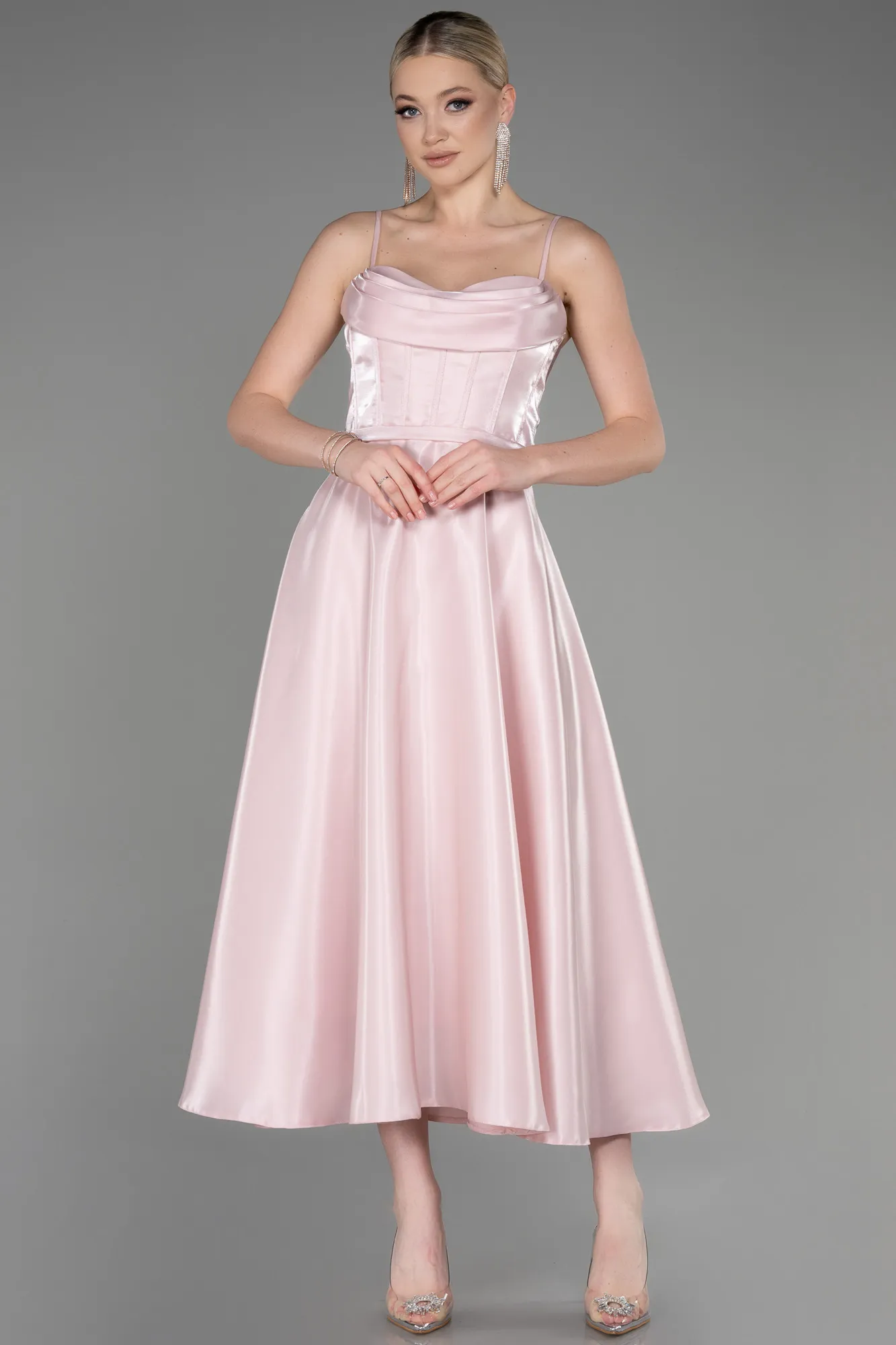 Powder Color-Midi Satin Party Dress ABK2011