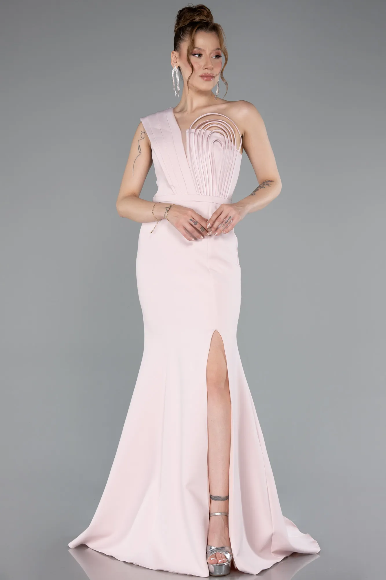 Powder Color-One Shoulder Slit Long Evening Gown ABU4793