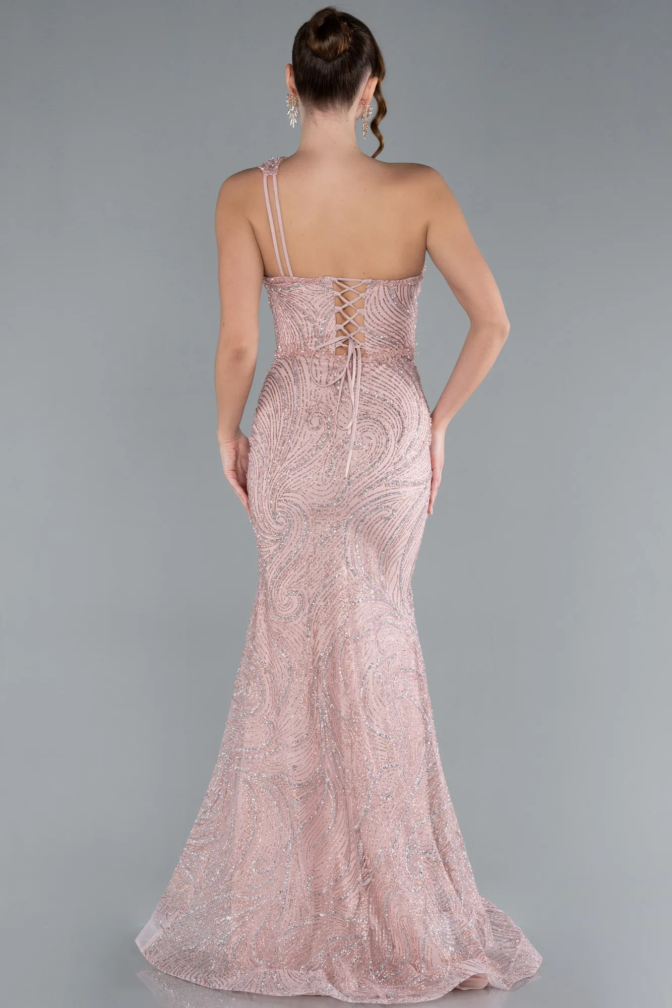 Powder Color-One Shoulder Slit Long Glitter Mermaid Evening Gown ABU4697